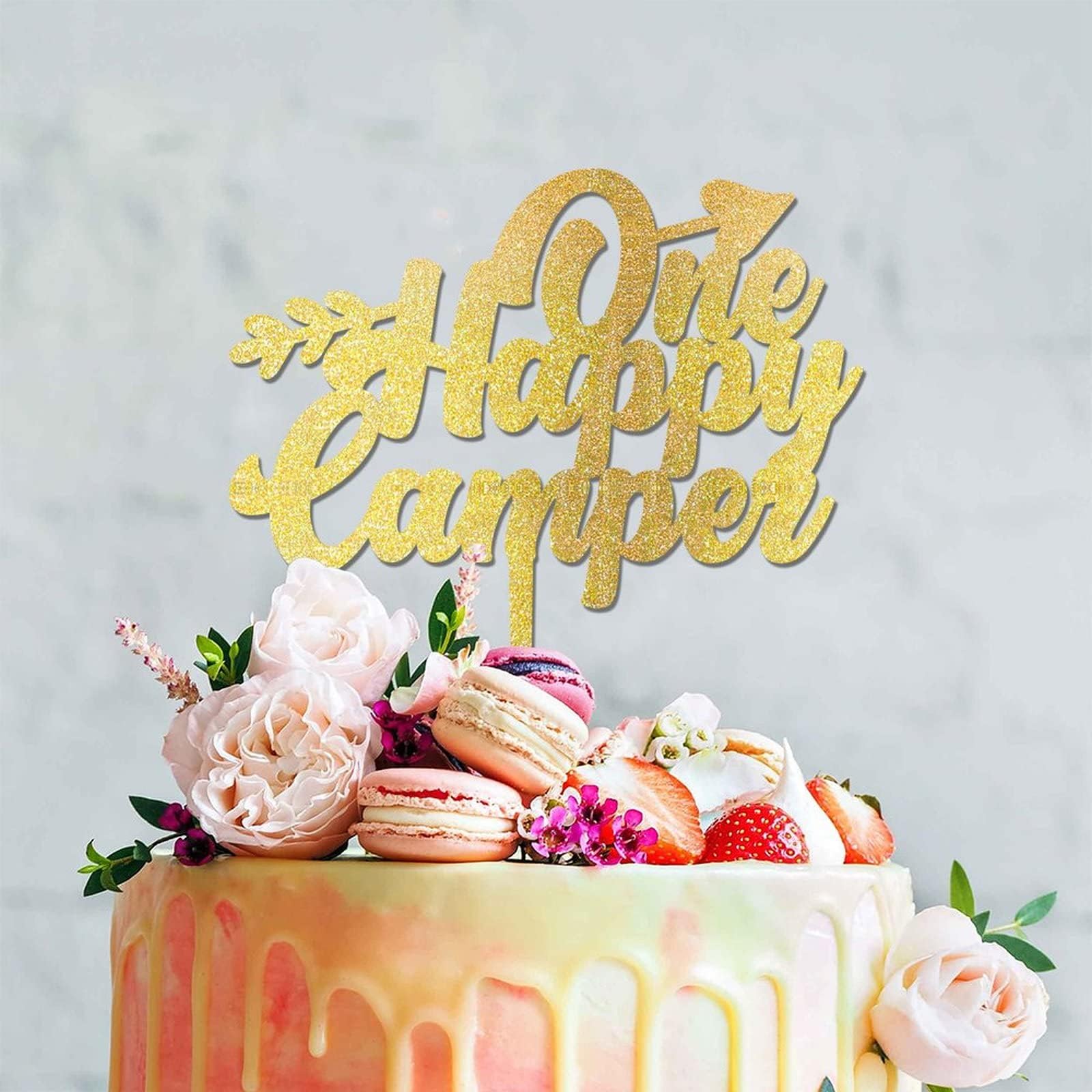 One Happy Camper Cake Topper, 1st Birthday Cake Topper, Golden Glitter Cake Topper, Wood Cake Topper, First Birthday Mountain Cake Topper