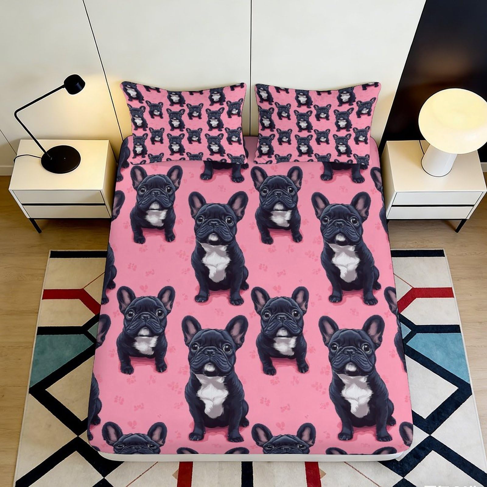 3D Printed French Bulldog Pink Fitted Sheet Microfiber Soft Breathable Dog Pattern Mattress Cover for Bedroom Dorm Decor 140x200x25cm