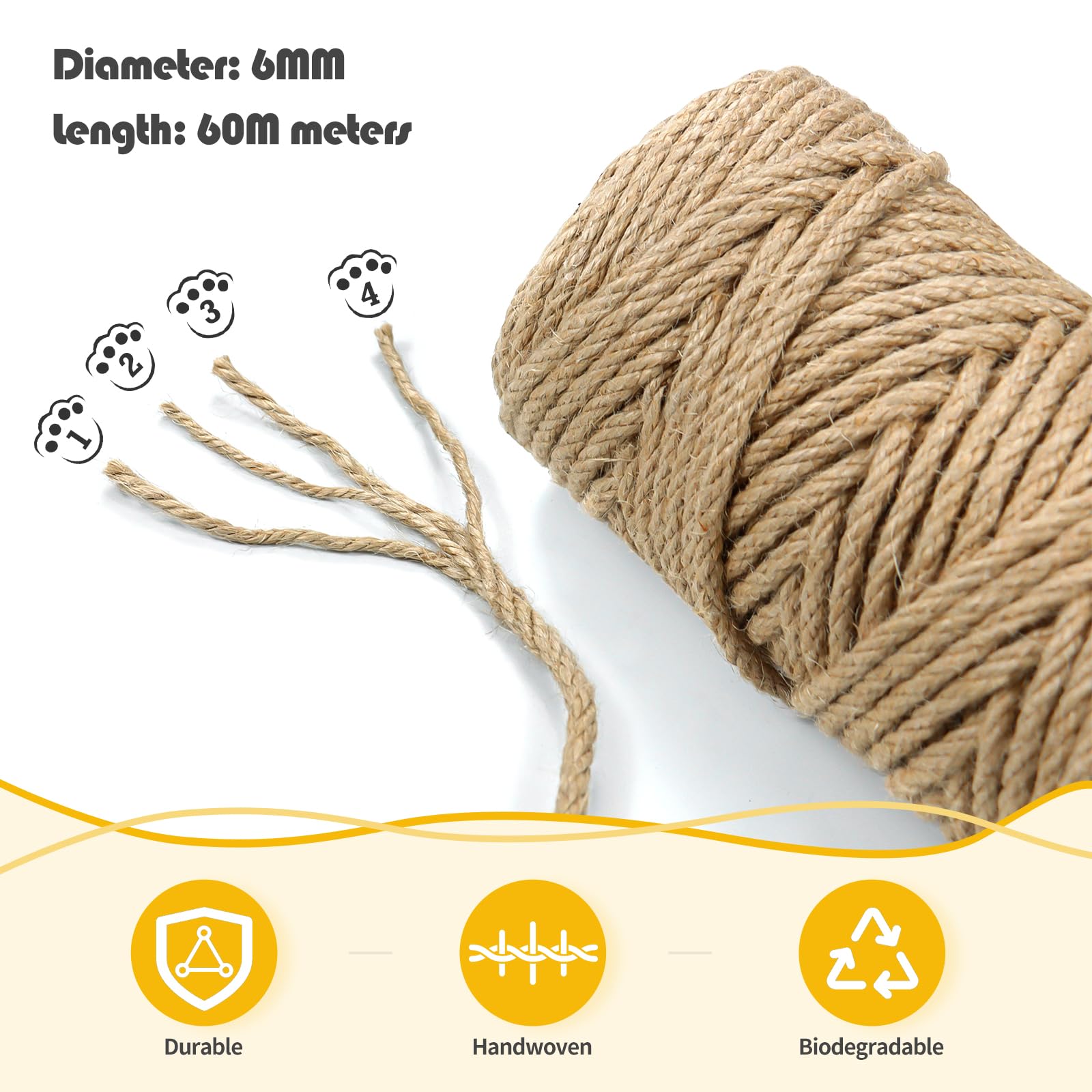60M Sisal Rope for Cat Scratcher 6MM Sisal Rope, Cat Scratching Post Replacement, Gardening Bundling, Craft Decoration - Image 2