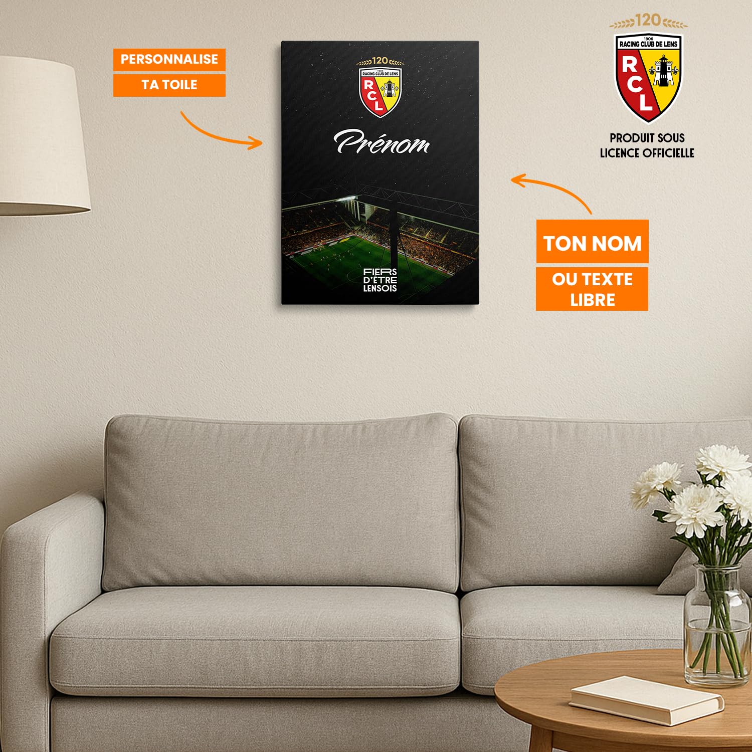 OneTrophy Toile Officielle RC Lens – Personnalisable avec Prénom ou Texte Libre – Décoration Murale Supporter Bollaert – Made in France – Cadeau supporter Lensois (Bollaert en lumière)