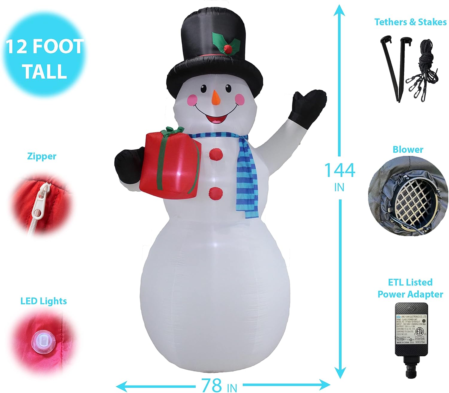 12 Foot Tall Huge Christmas Snowman Holding Gift Box Lighted Blowup Party Decoration for Outdoor Indoor Home Family Garden Yard Prop