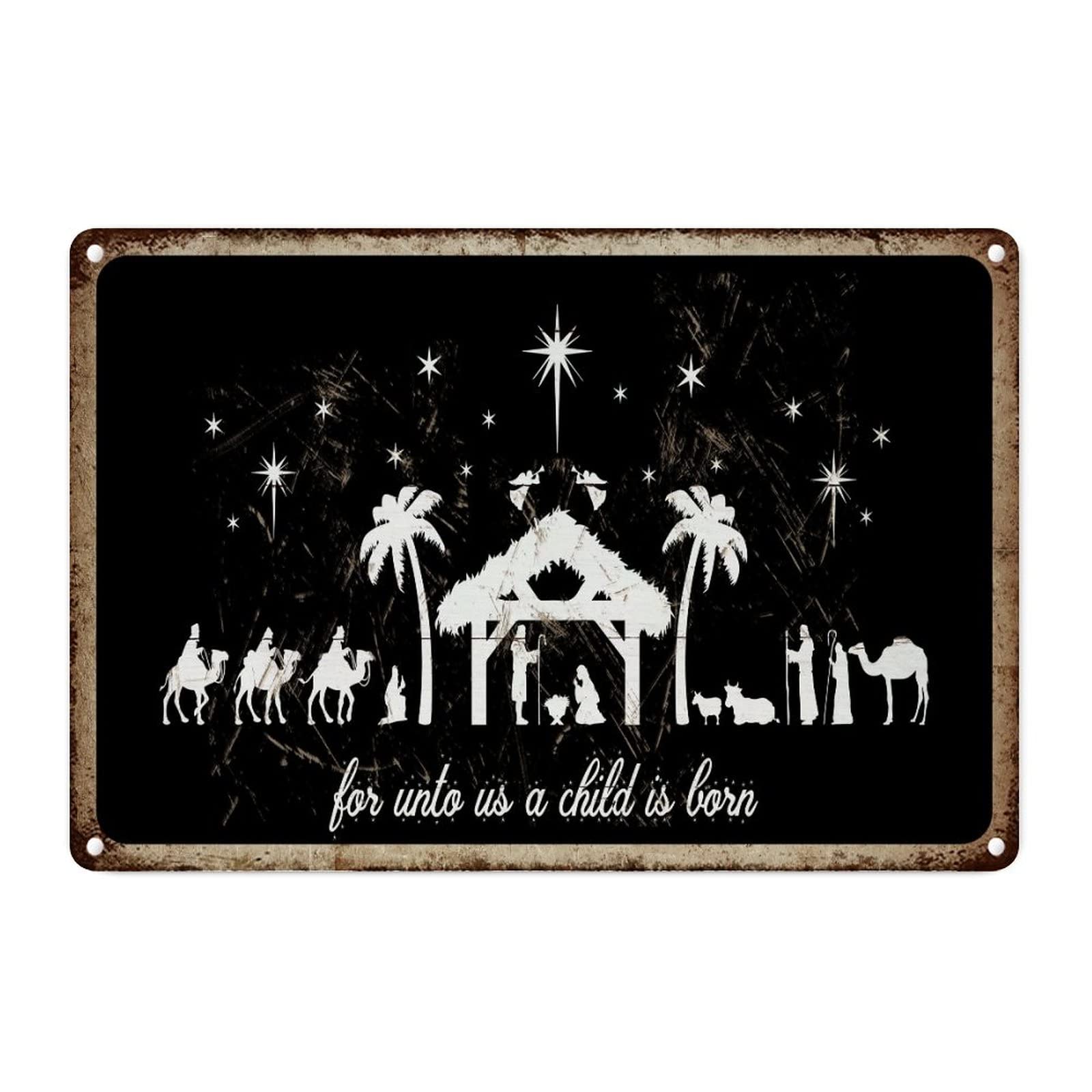 Plaque métal noir crèche de Noël suspendre décoration murale rétro Silent Night 30x45cm