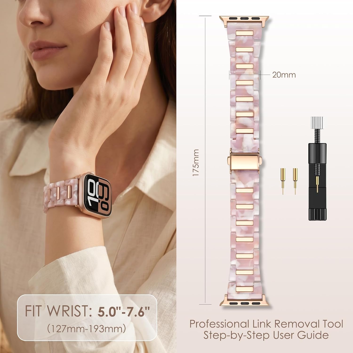 V-MORO Compatible with Apple Watch 42mm 41mm 40mm 38mm,Fashion Lightweight Resin Metal Strap Bracelet with Rose Gold Stainless Steel Inlay for iWatch Series 11/10/9/8/7/6/5/4/3/2/1/SE,Pink Flower