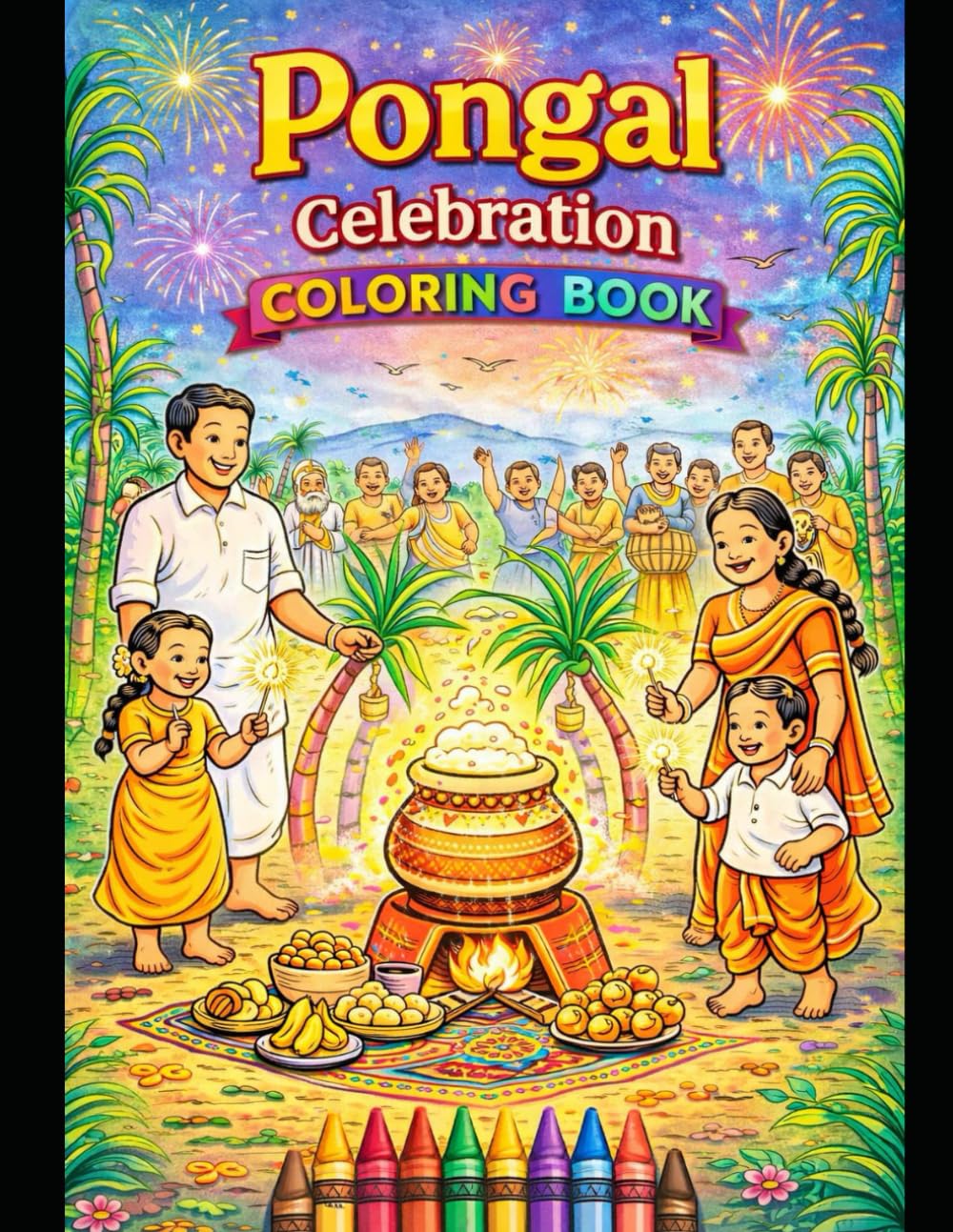 Pongal coloring and Activity book for kids: Traditional Harvest Festival Fun with Kolam,sugarcane, cows,kites,jallikattu and village scenes