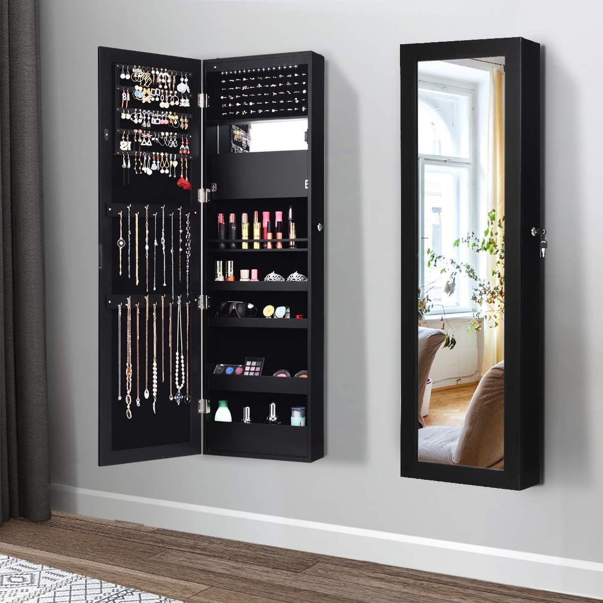GOPLUS 2 en 1 Armoire à Bijoux avec Miroir, Organisateur de Bijoux Mural avec Lumières LED Automatiques, Armoire de Rangement Cosmétiques Verrouillable pour Chambre, Vestiaire (Noir)