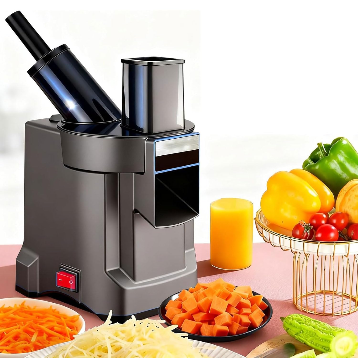 Elektrischer Lebensmittelschneider, 100 W, kommerzieller Gemüseschneider mit 4 Edelstahlklingen, ideal für Zwiebeln, Tomaten, Gurken, Karotten und Paprika