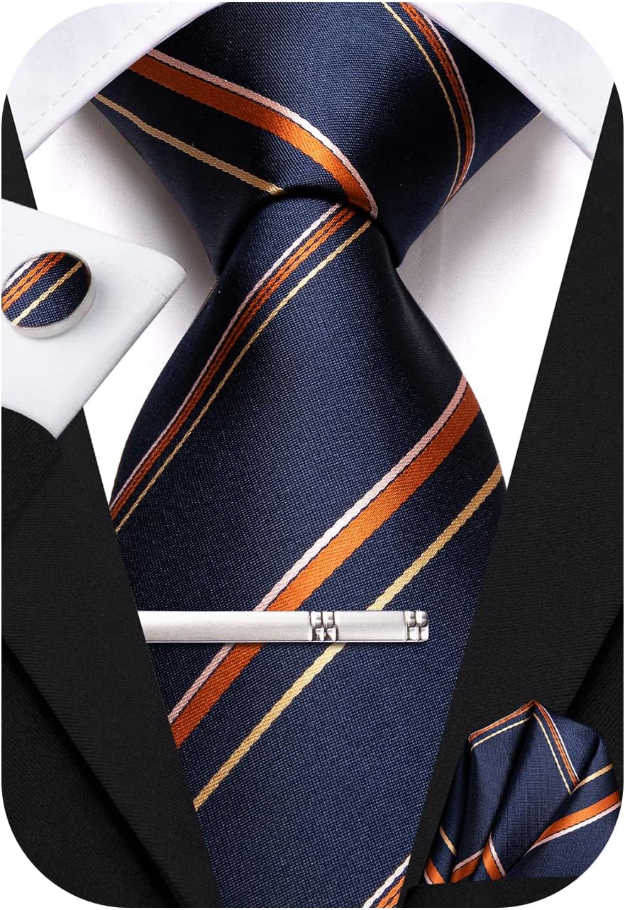 Hi-Tie Classic Mens Silk Ties Set 4 PCS Necktie Pocket Square Cufflinks Clip Pin Solid Strip Paisley Tie