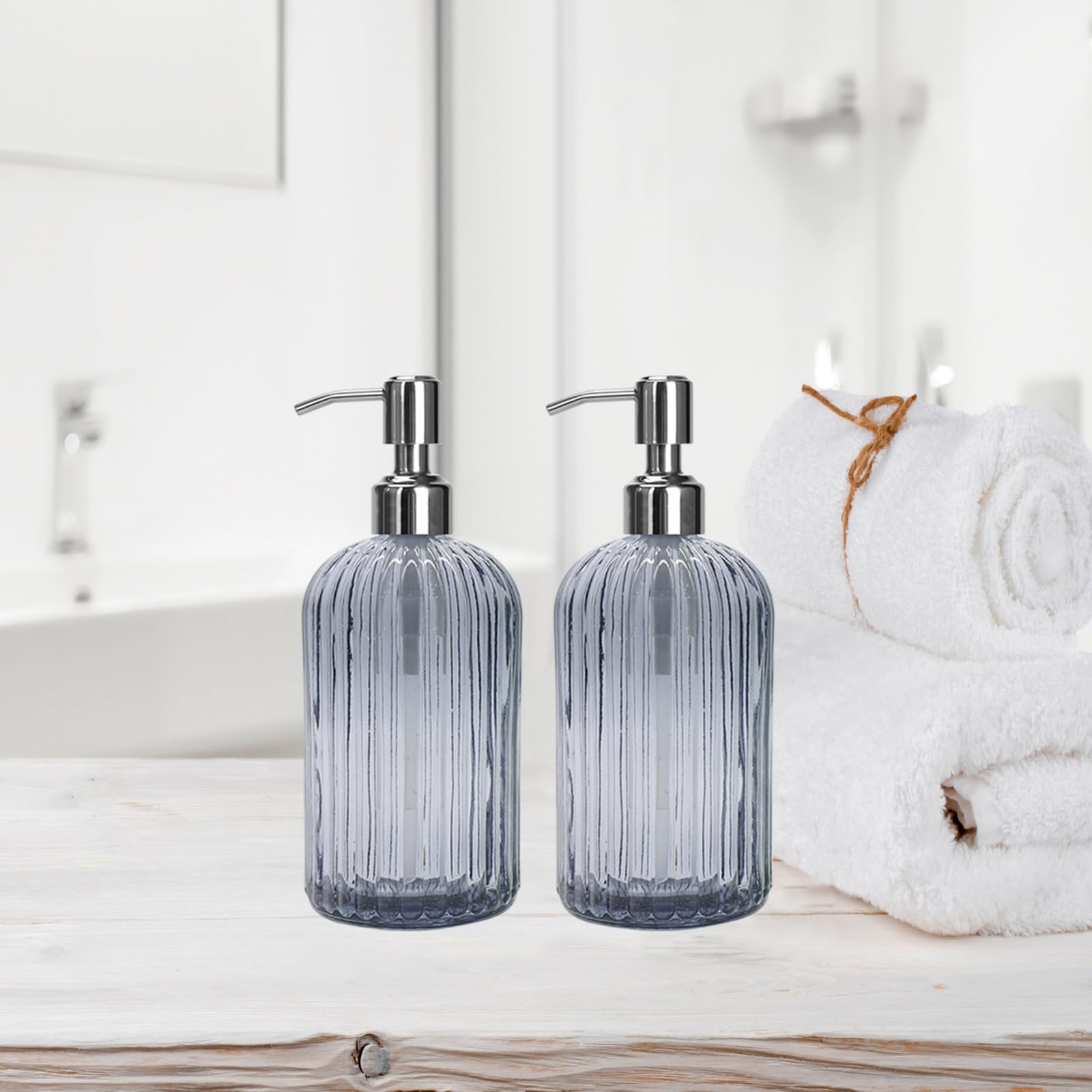 Dispenser di sapone in vetro trasparente, 510 g, confezione da 2 dispenser di sapone per piatti a mano, con pompa in acciaio inossidabile, bottiglie decorative ricaricabili per liquido da cucina, per