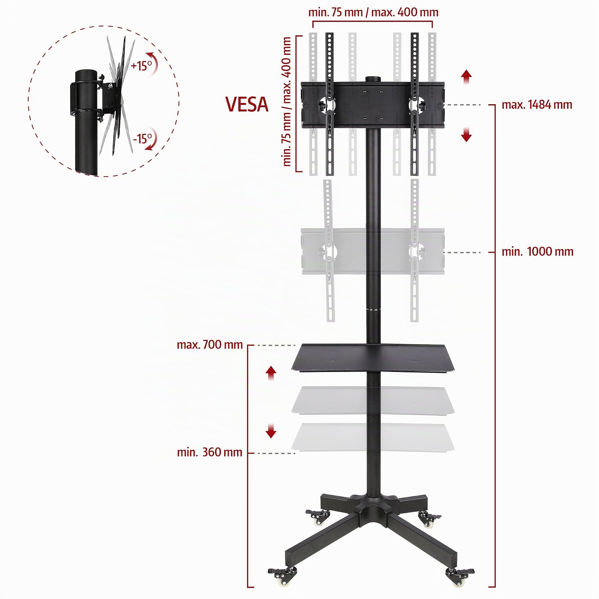 Ergosolid Falco-24 - Supporto TV da pavimento, con ruote per schermi LCD LED e TV curvi da 23"-55", Capacità di Carico di 25 kg, Nero