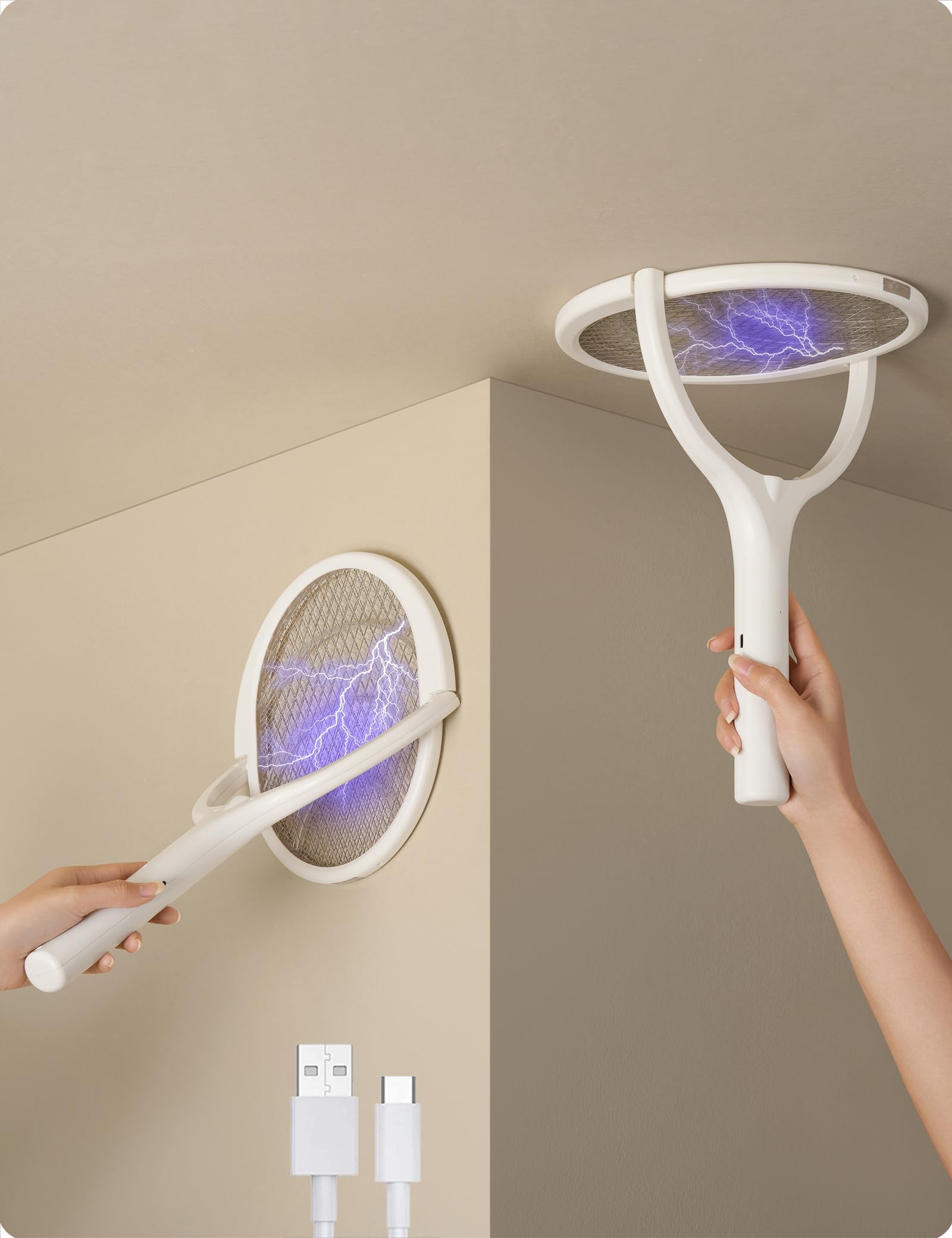 Rotating Head Rechargeable Fly Swatter,Electric Fly Swatter Racket Bug Zapper Racket Indoor Bug Zapper Indoor Fly Zapper Repellent Fruit Fly Trap Mosquito Zapper(white)