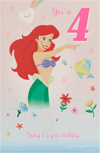 UK Greetings 4th Birthday Card for Girls - Disney Princess Birthday Card - Ariel Birthday Card - The Little Mermaid Birthday Card - Age 4 Birthday Card, Multi (698254-0-1)