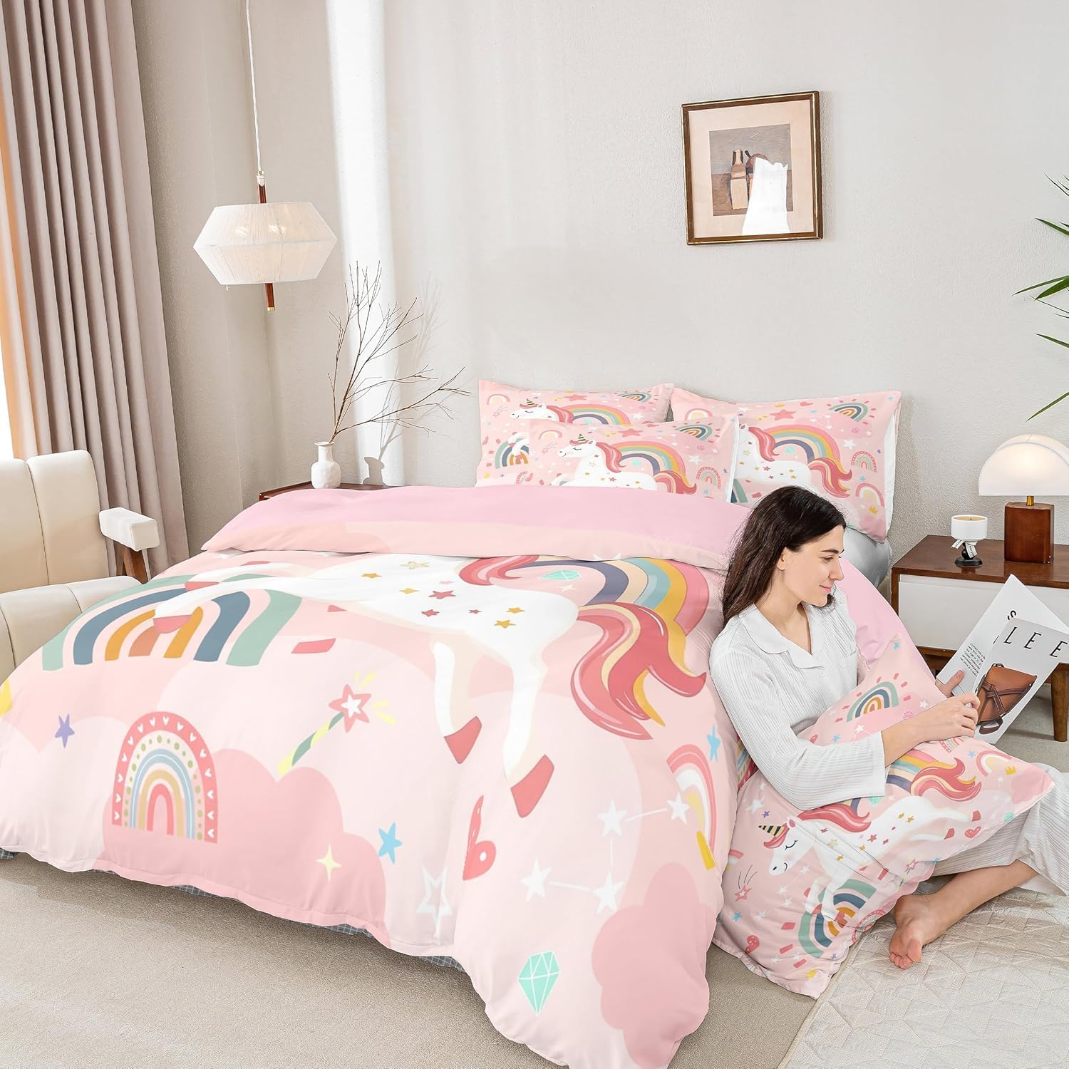 Homemissing Cute Unicorn Duvet Cover Set Cot Size For Kids Girls Teens Rainbow Bedding Set Rainbow Unicorn Decor Comforter Cover Set Cartoon Animal Pink Quilt Cover with 1 Pillowcase - Image 3
