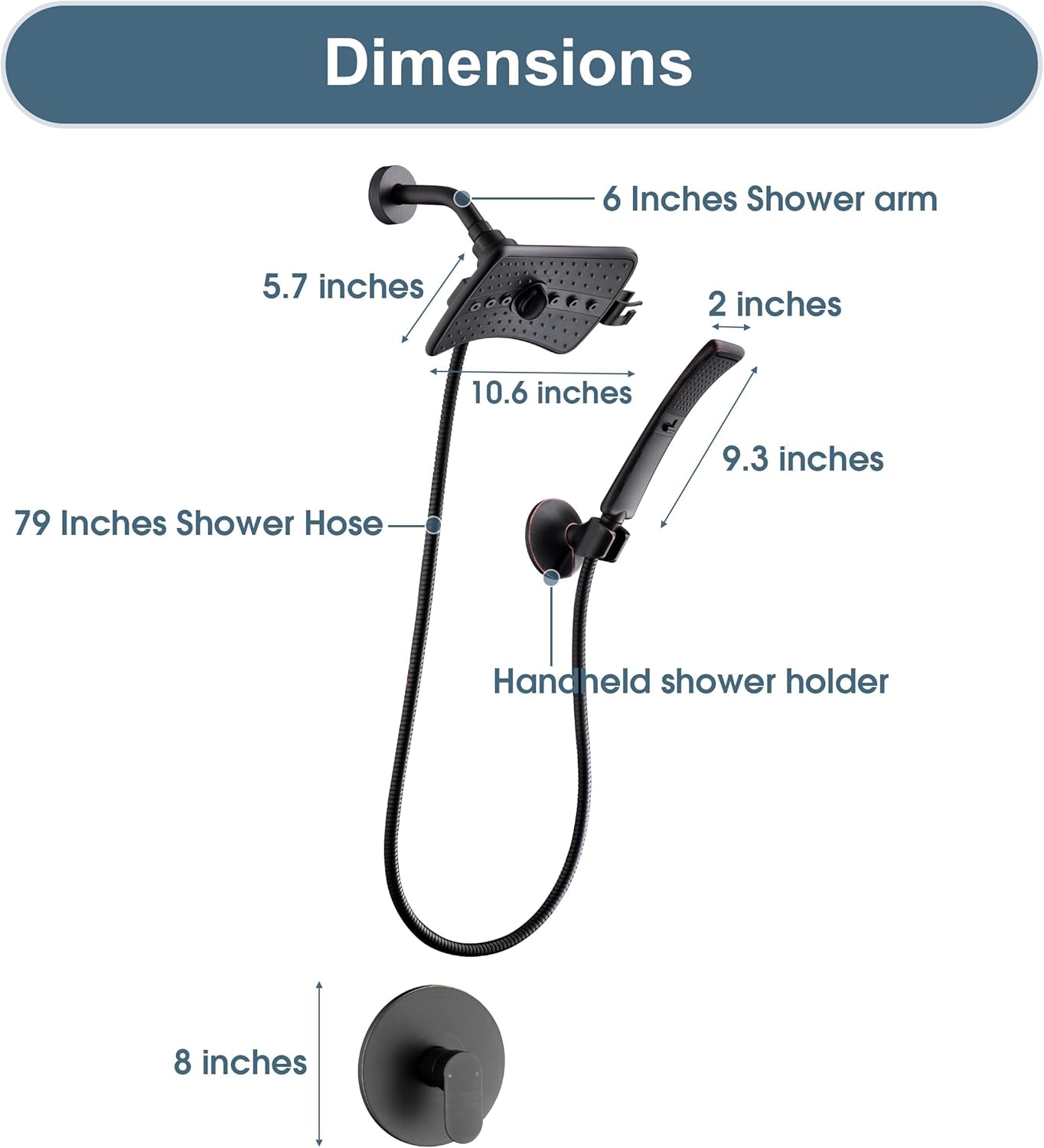 BRIGHT SHOWERS Dual Shower Head System with Handheld and Rainfall Shower, Shower Faucet Set with Valve and Trim Kit, Includes 79-Inch Stainless Steel Hose, Oil-Rubbed Bronze