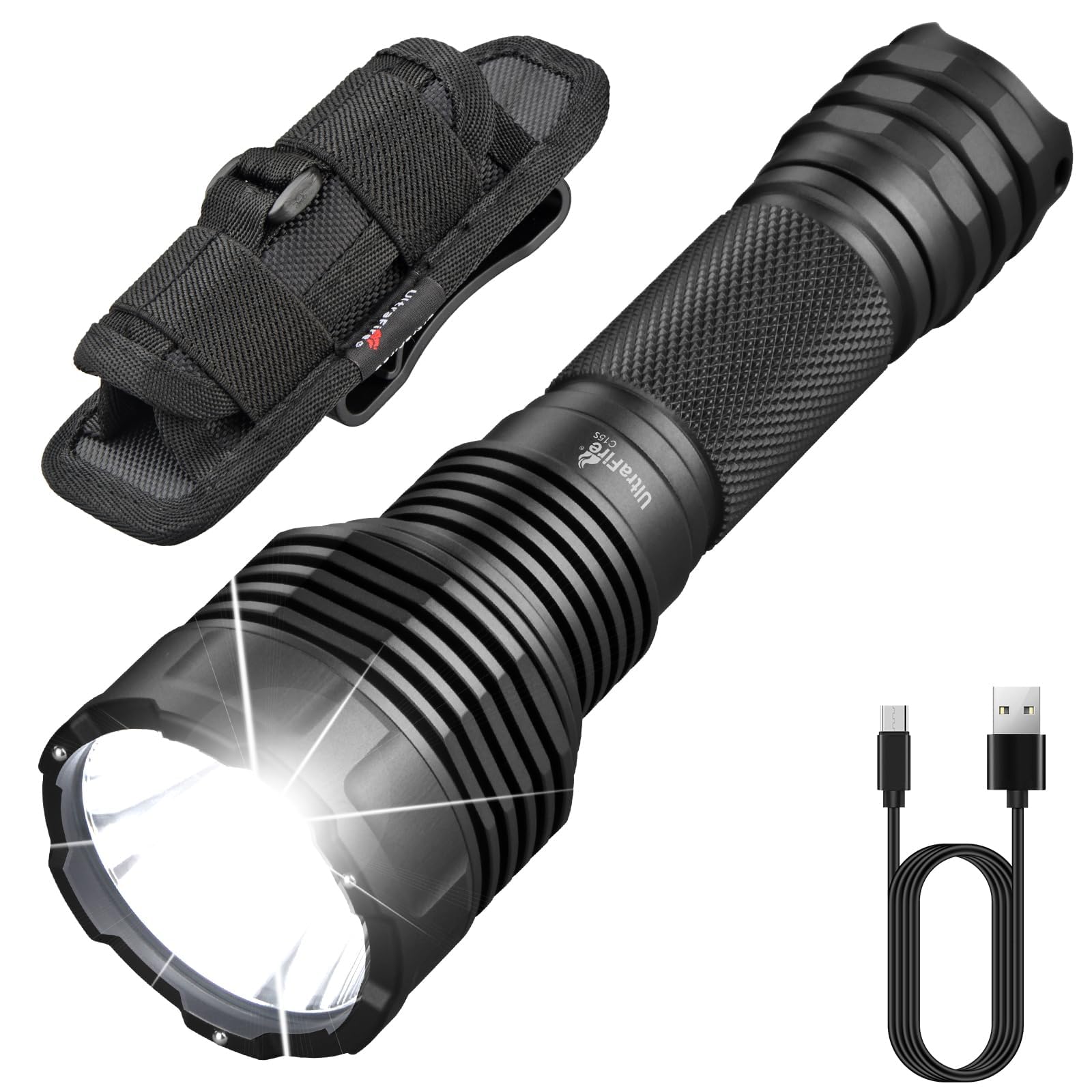 ULTRAFIRE 2200 Lumens Rechargeable Tactical Torch with Holster, 3 Modes High Lumen LED Torch, USB-C Charging, for Searching, Law Enforcement, Security, Camping, Outdoor, C15S