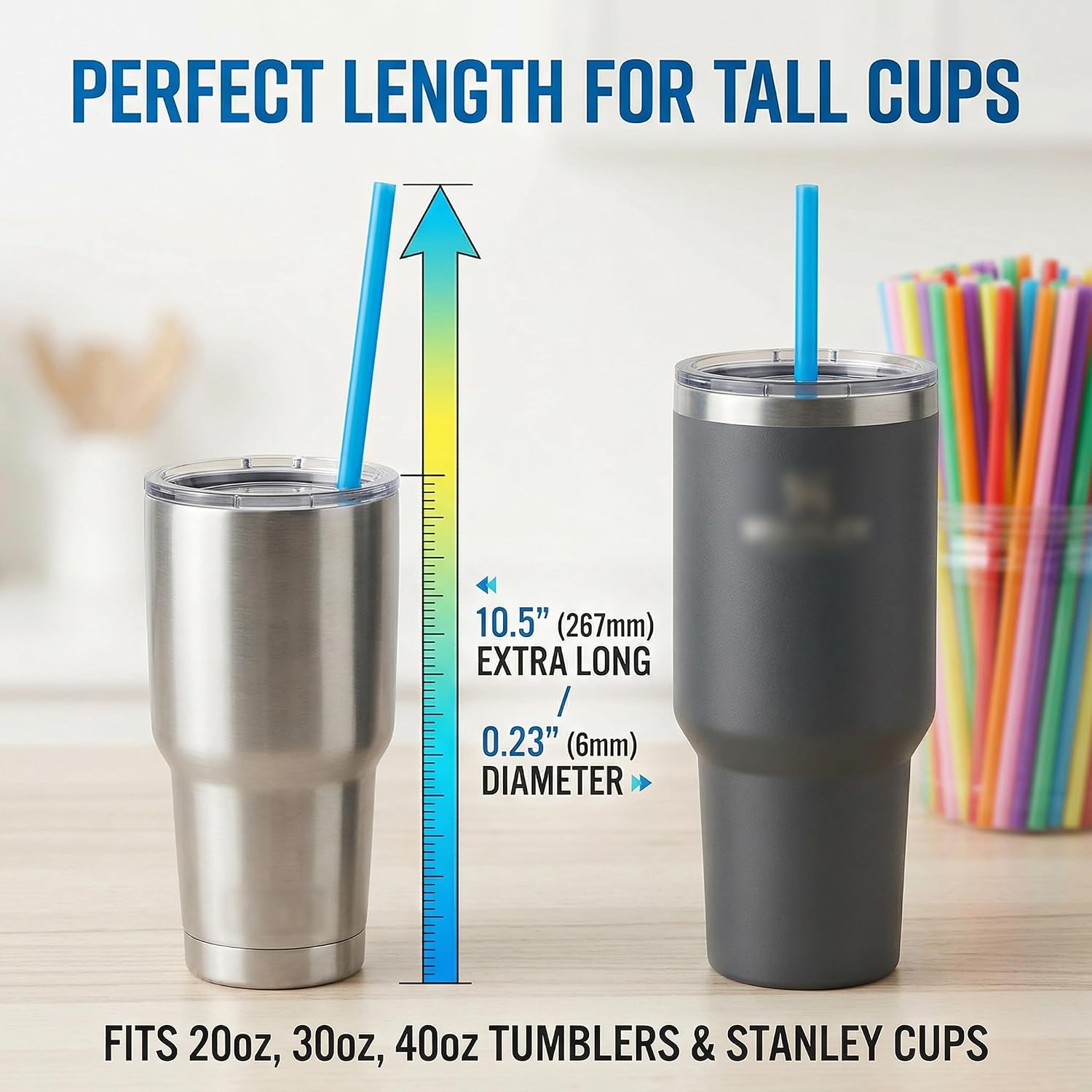 100 Pcs Colorful Plastic Straws, 10.5" Extra Long Disposable Drinking Straws for 30oz Stanley Cup and Tumbler, Sturdy Bulk Straw for Party, Juice, Smoothies & Iced Coffee