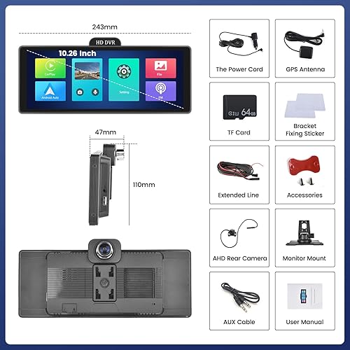 Miniatura 7 de Estéreo portátil inalámbrico para automóvil Apple CarPlay Android Auto, pantalla táctil HD IPS de 10.3 pulgadas, radio portátil para automóvil con