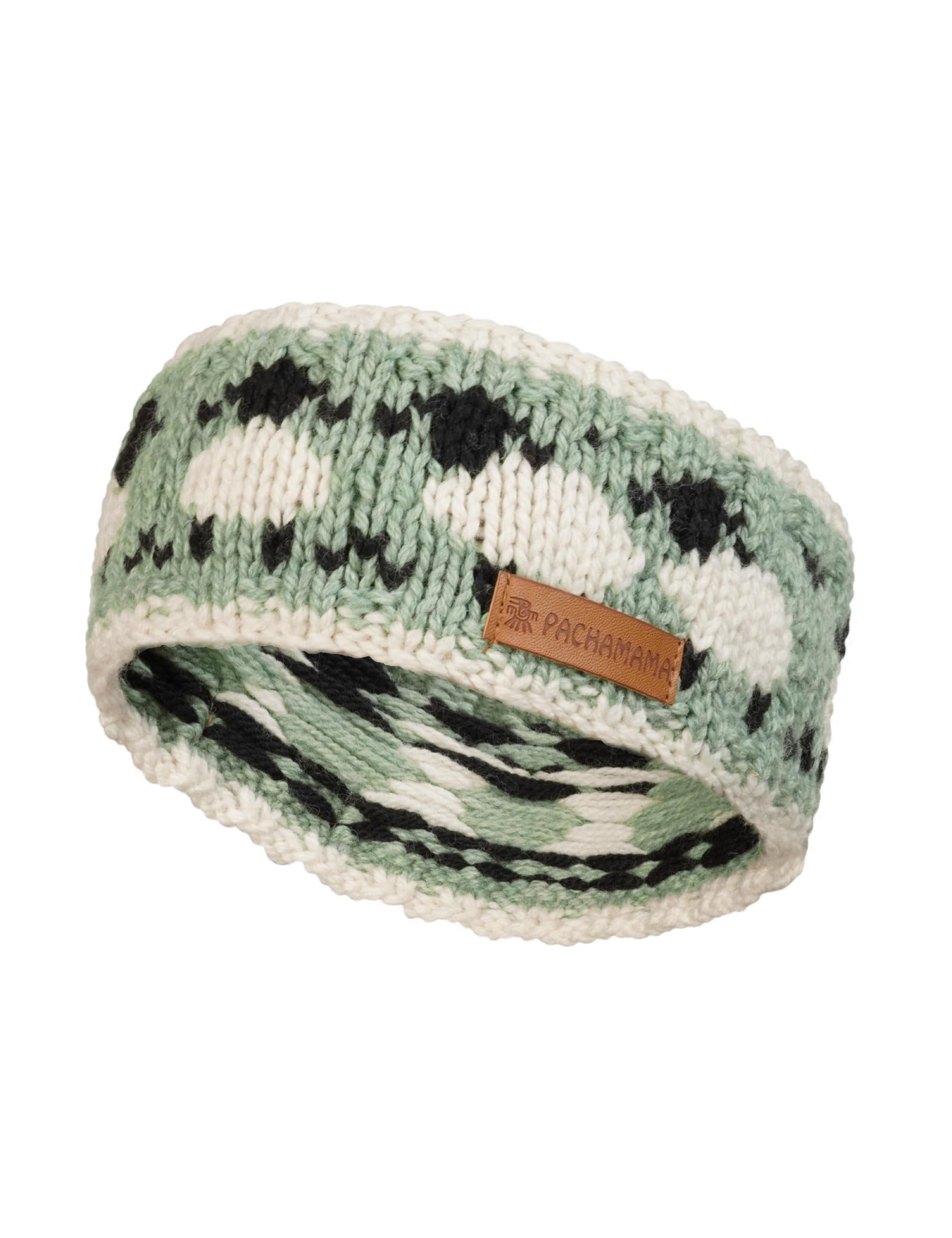 Pachamama Women 100% Pure Fine Merino Wool Ear Warmer Headband Handknitted Sheep Flock Design One-Size Handmade Soft Warm Breathable Moisture Wicking Fair Trade (Green, One Size)