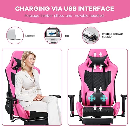 Miniatura 4 de POWERSTONE Silla de juegos - Silla de jugador rosa con reposapiés, silla de computadora de deportes electrónicos de carreras, silla de masaje lumbar