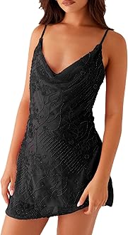 Women Sequin Beaded Mini Dress Y2K Sparkly Open Back Slip Short Dresses Date Night Glitter Backless Cami Dress