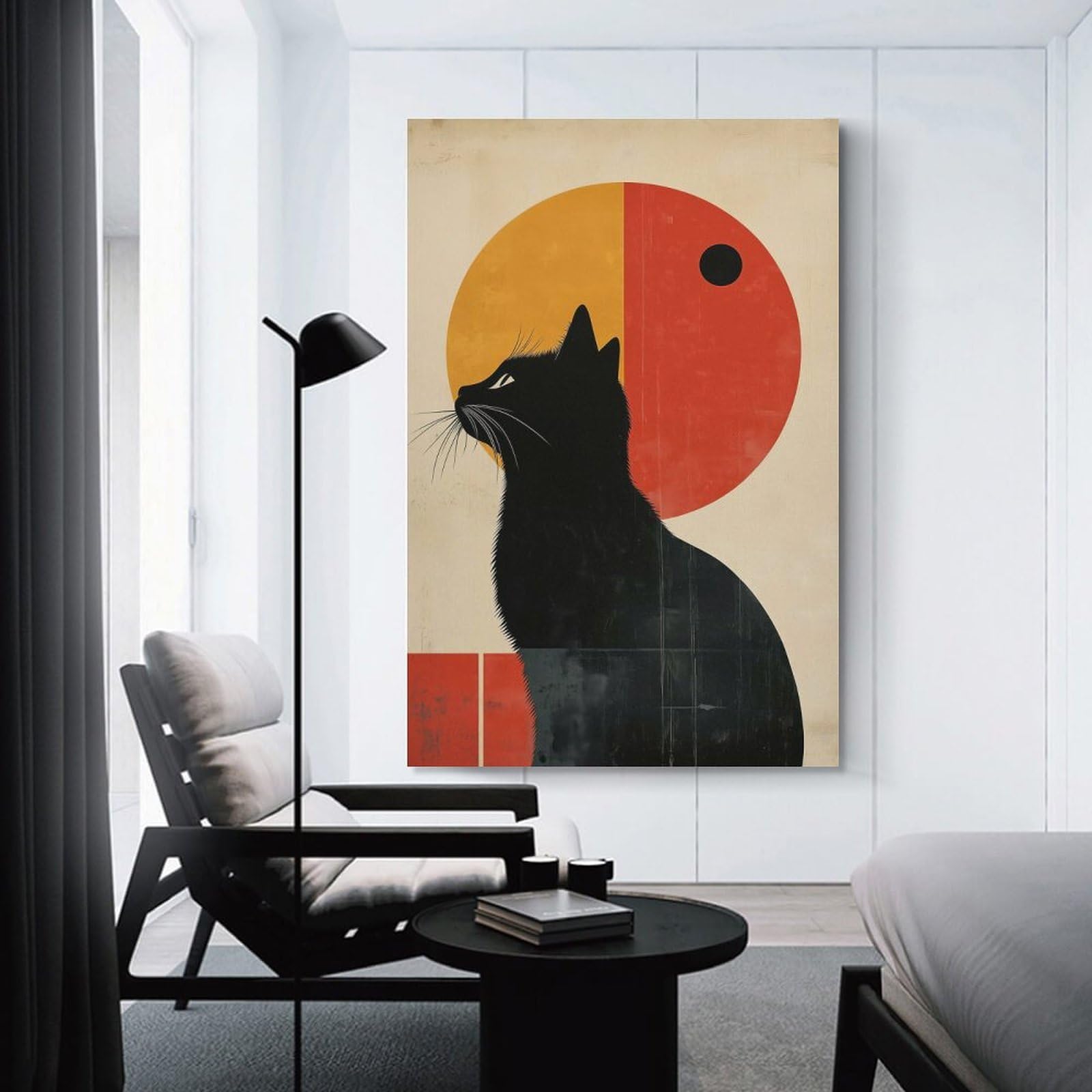Junmoney Black Cat Minimalist Art Home Decor Wall Art 24x36inch(60x90cm), for Restful Interiors, Bedrooms Or Small Rooms, Decorative Wall Art for Cosy Rooms