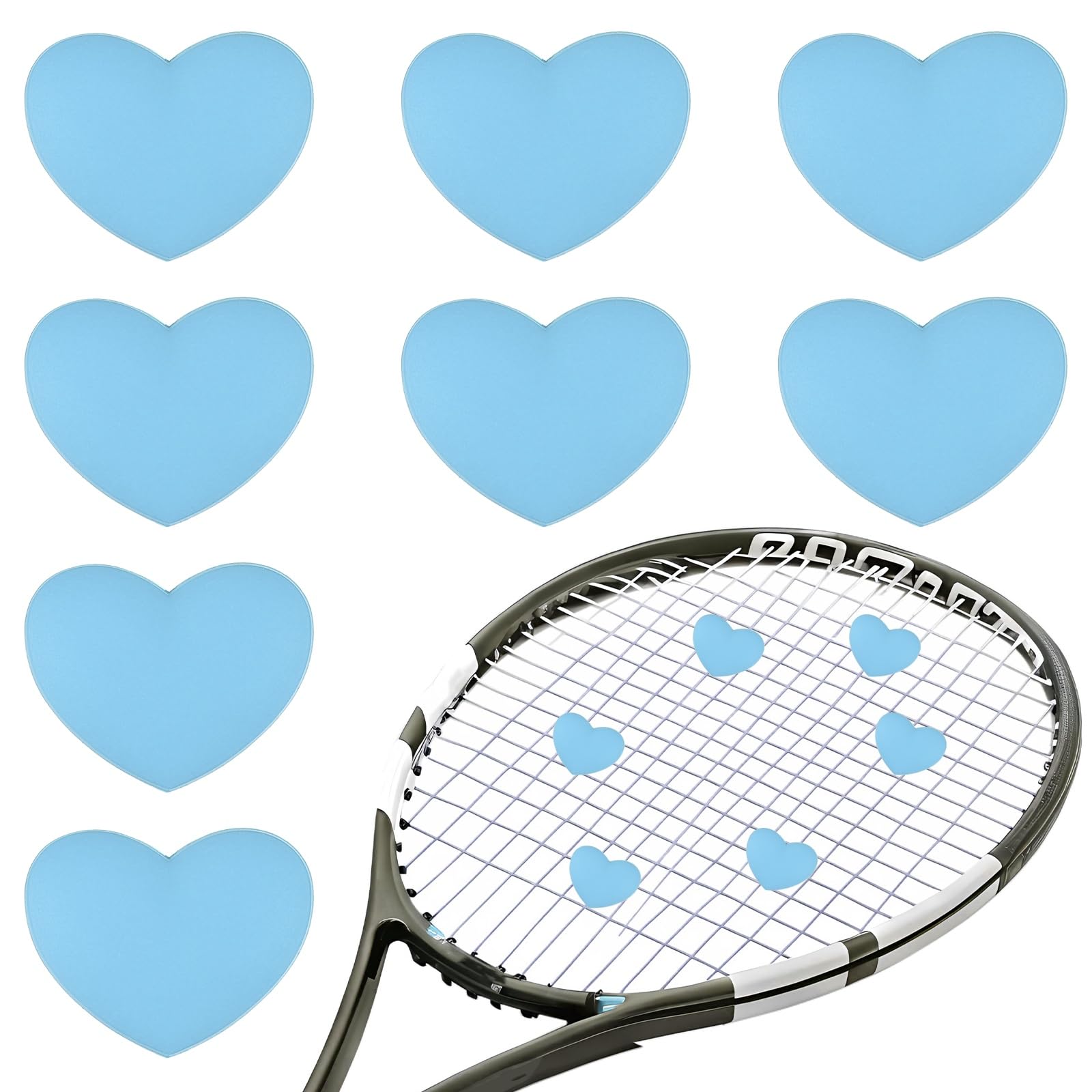 YELARXI Tennis Dampener, Heart Silicone Tennis Racket Dampeners Racket Shock Absorber to Reduce Vibration Soft Cute Fitting for (Players/Universal Fit for All Racquets) 8Pcs & Sky Blue
