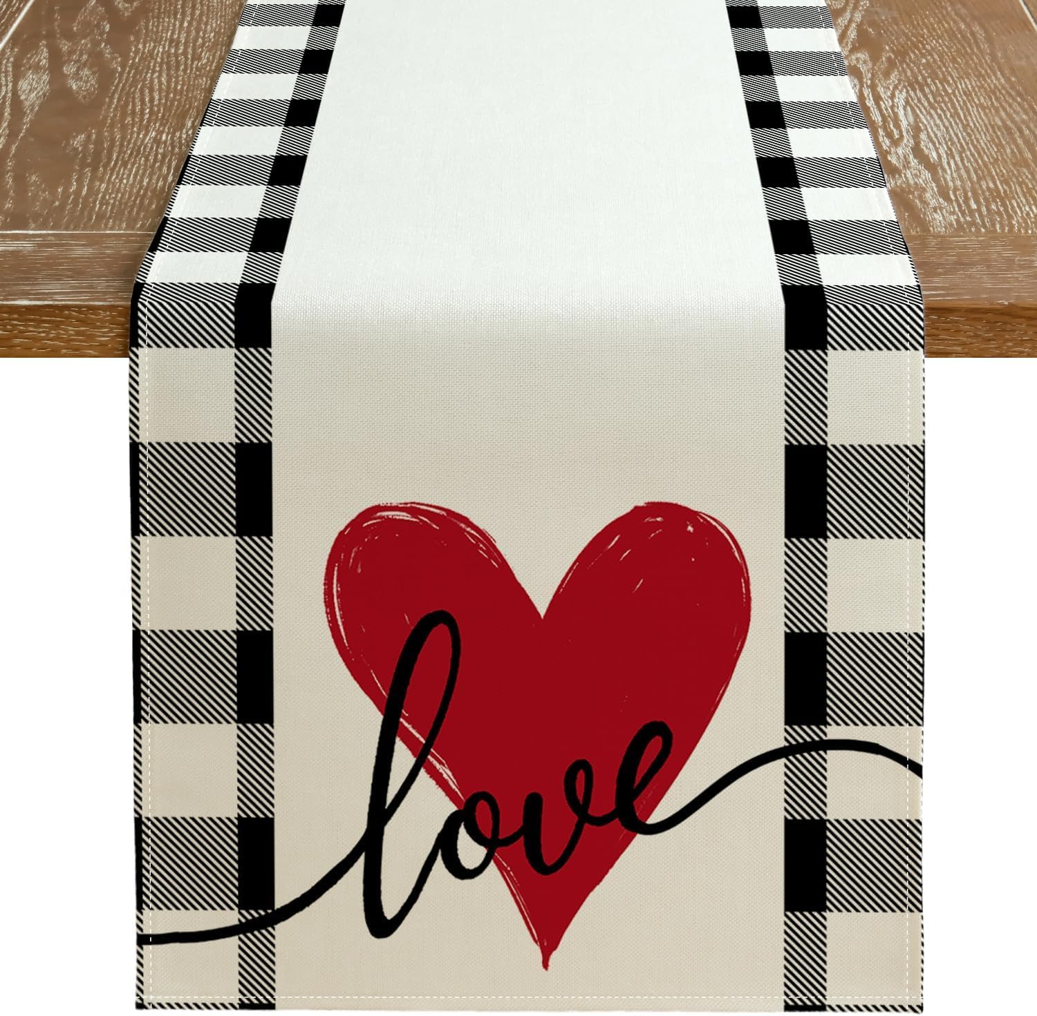 Valentines Table Runner 36x13 Inches, Love Heart Holiday Farmhouse, Burlap Buffalo Plaid, Indoor Anniversary Wedding Table Decorations for Home Party