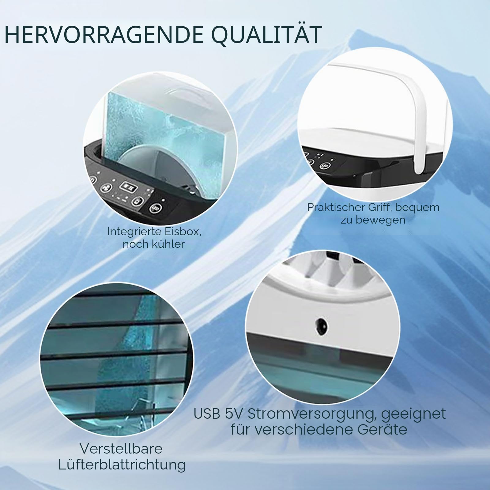 Mobile Klimaanlage 4-in-1 Luftkühler mit Tank 1 l, Luftbefeuchter und Luftreiniger, 3 Geschwindigkeiten, 7 LED-Lichter, leises Klimagerät für Schlafzimmer, Büro