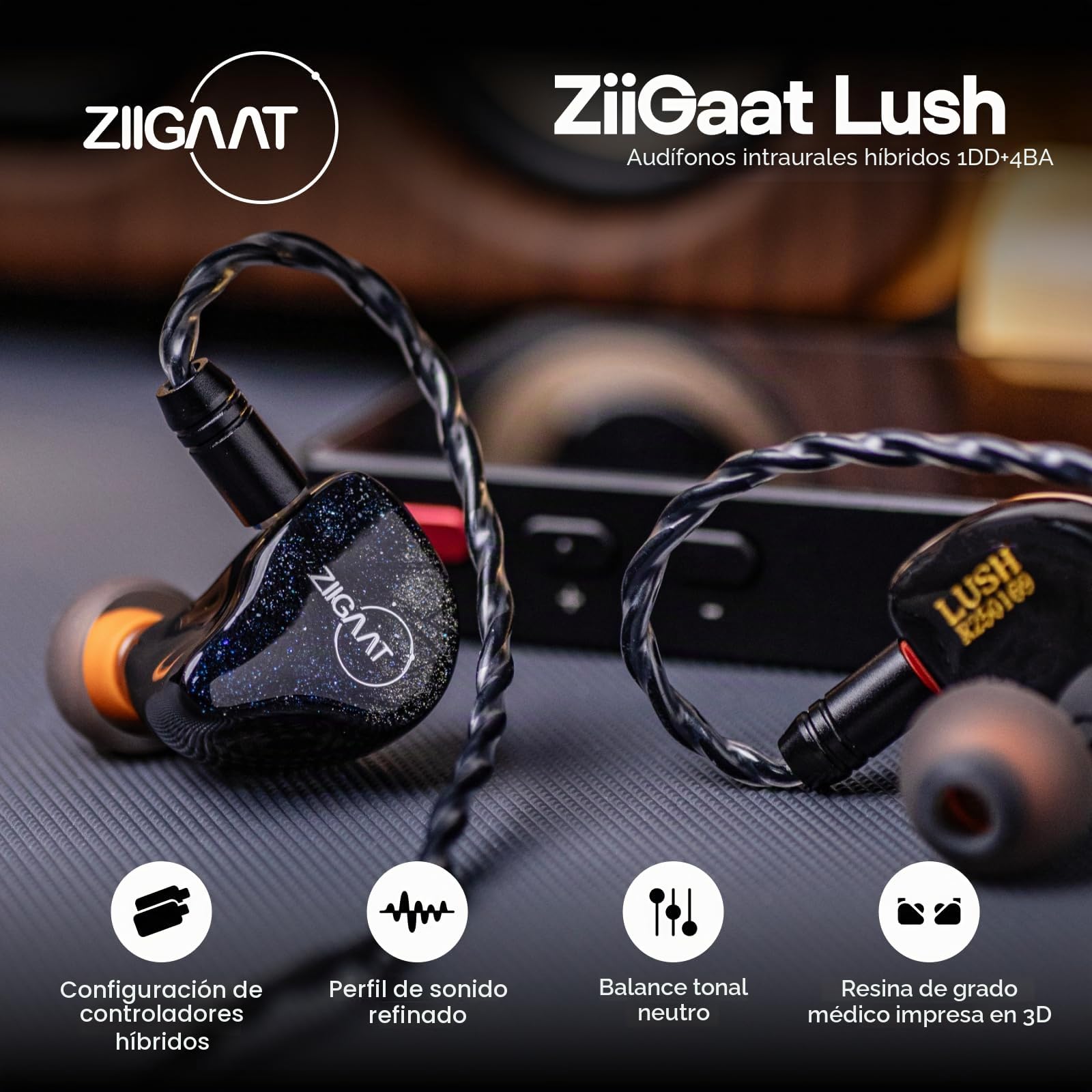 Linsoul ZiiGaat Lush in Ear Monitor, IEM Auriculares Híbridos 1DD+4BA, Audífonos de Estudio con Cable Desmontable para Profesionales de la Música Audiofilos(Azul)