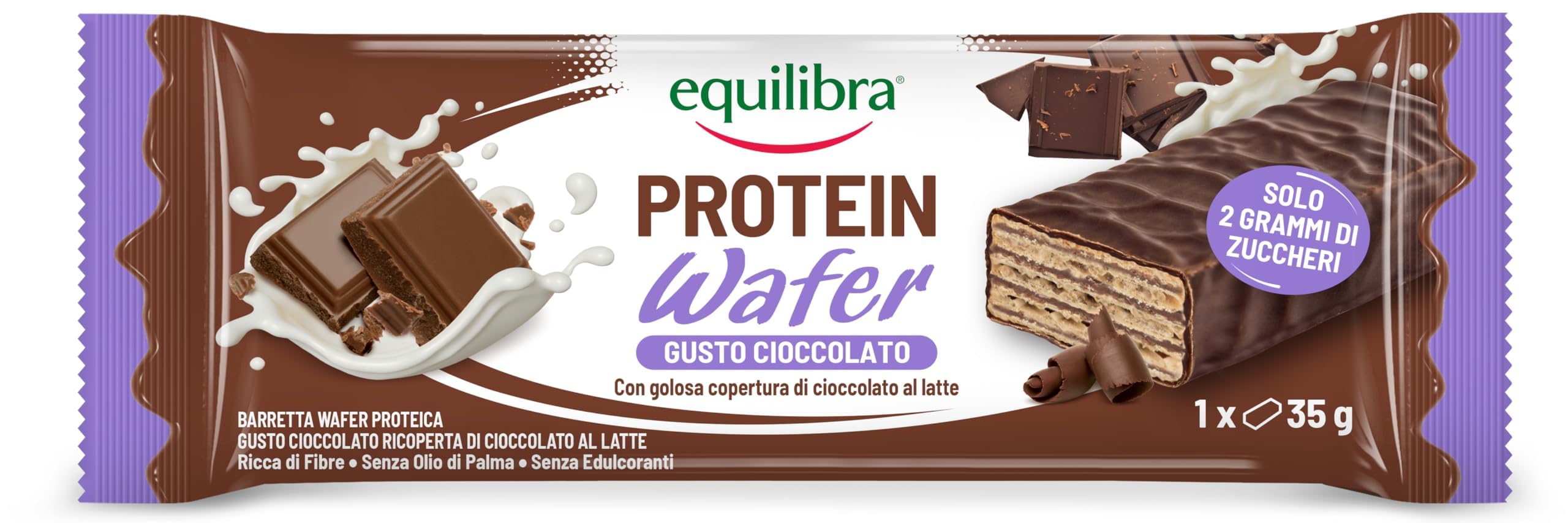 Equilibra Alimenti Proteici, Barrette Proteiche Wafer, Protein Wafer, 25 x 35 g, Gusto Cioccolato, Ricoperte di Cioccolato al Latte, Ricche di Fibre, Senza Edulcoranti, 2g Zuccheri per Barretta