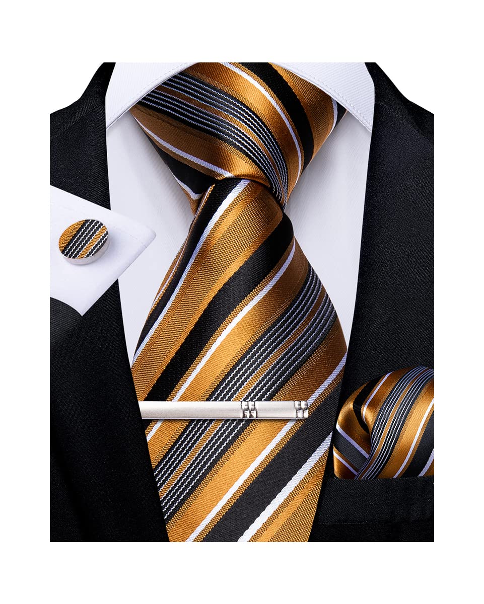 DiBanGu Mens Striped Tie Silk Woven Necktie and Pocket Square Cufflinks Tie Clip Set Wedding Business Formal Gift Tie for Men