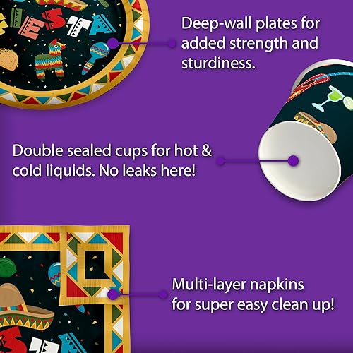 Miniatura 5 de Suministros de fiesta temática mexicana - Juego de platos de tacos con servilletas y tazas | Kit para 16