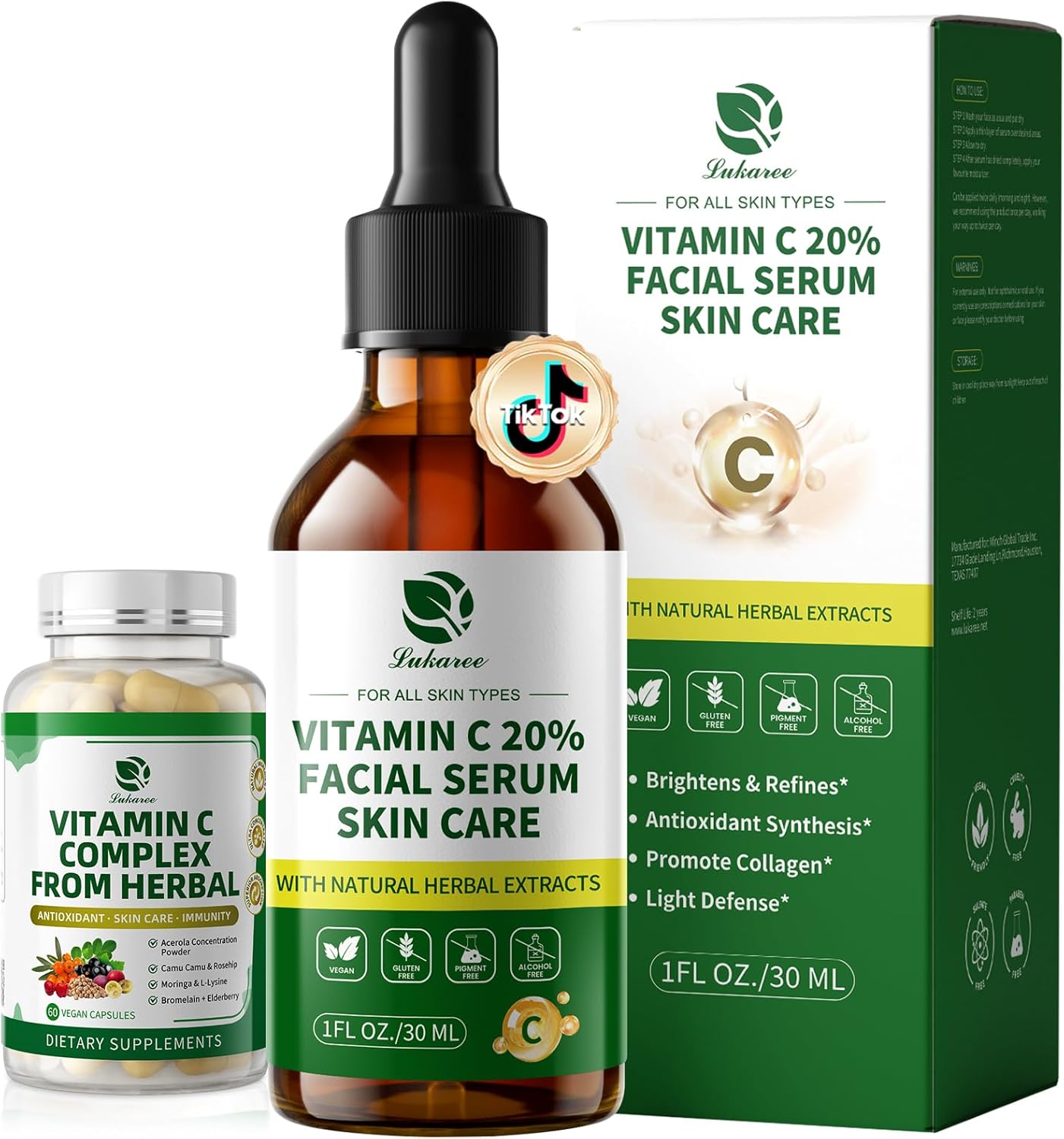 Vitamin C Serum for Face, 20% Brightening Face Serum with Sodium Hyaluronate for Dark Spots & Fine Lines – Support Collagen & Skin Radiance, Plus Vit C Caps for Inside-Out Support, 1 Fl Oz + 60 Caps