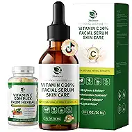 Vitamin C Serum for Face, 20% Brightening Face Serum with Sodium Hyaluronate for Dark Spots & Fine Lines – Support Collagen & Skin Radiance, Plus Vit C Caps for Inside-Out Support, 1 Fl Oz + 60 Caps