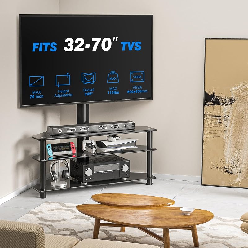 Rfiver Corner Swivel Glass TV Stand Mount for 32-70 Inch TV up to 110lbs image 4