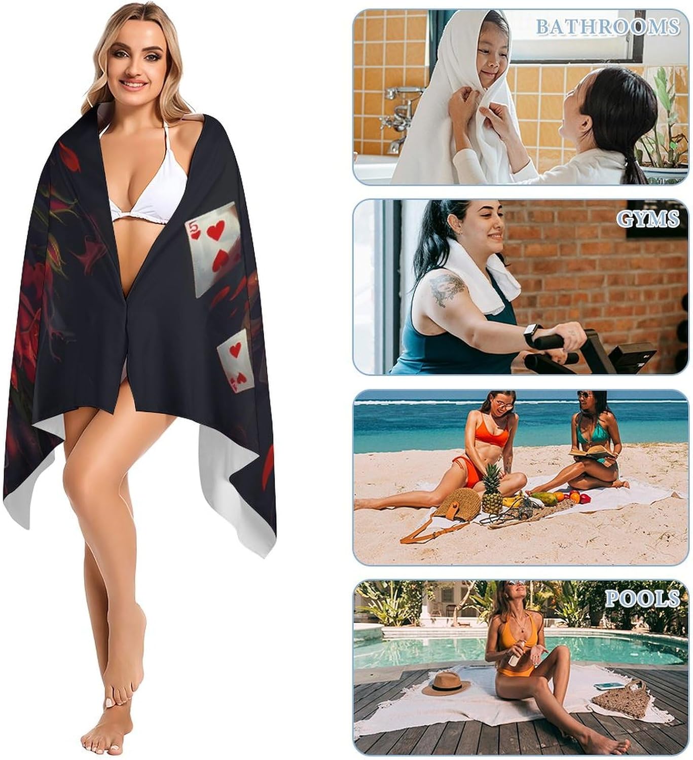 Halloween Poker Red Rose Fire Skull Bath Towel Beach Towels Quick Dry Oversized Bath Blanket Highly Absorbent Towel for Women Men 160x80cm