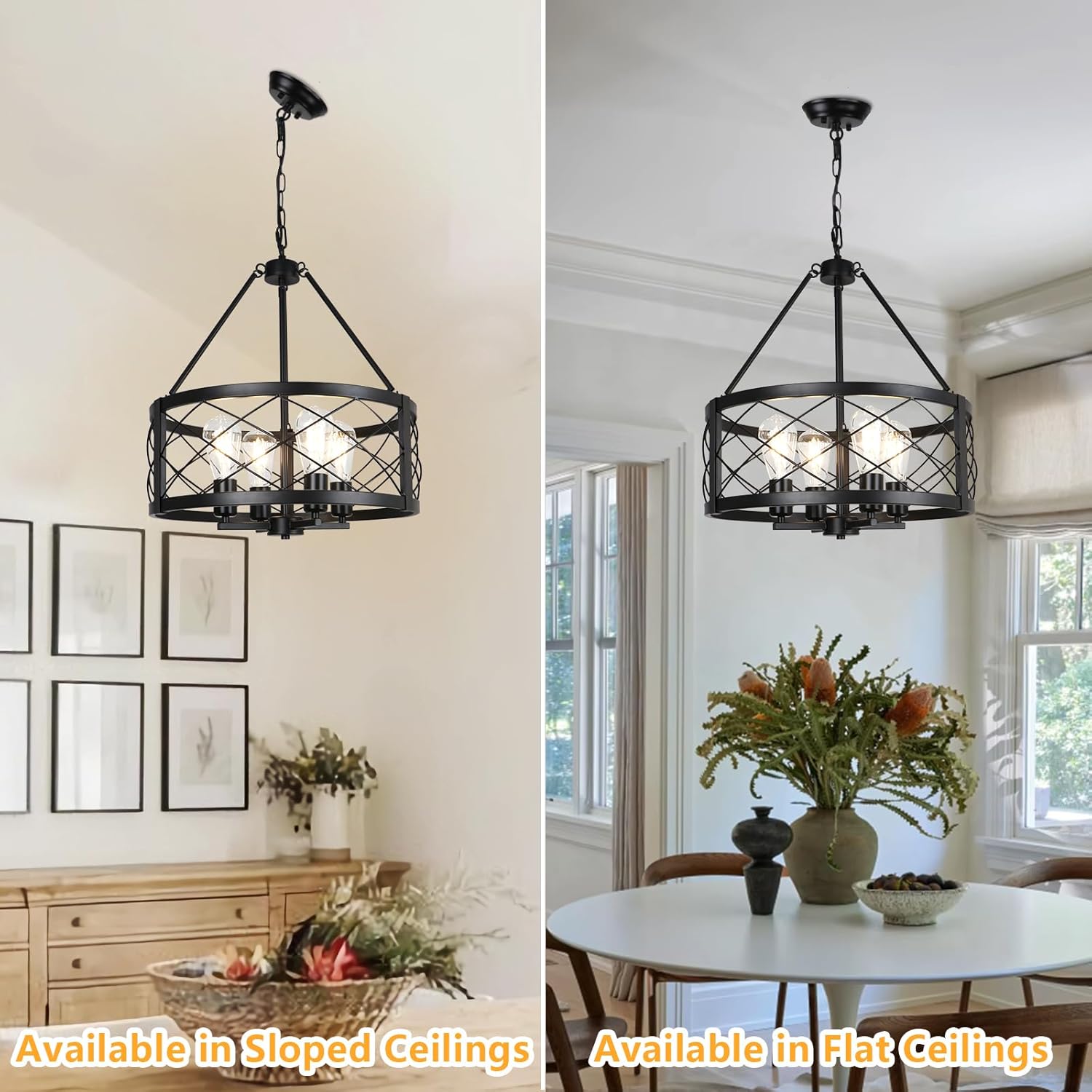Vintage Chandelier for Entryway, 4 Lights Farmhouse Dining Room Light Fixture, Modern Rustic Black Chandeliers, Industrial Metal Drum Light Fixtures for Kitchen Island Foyer Living Room