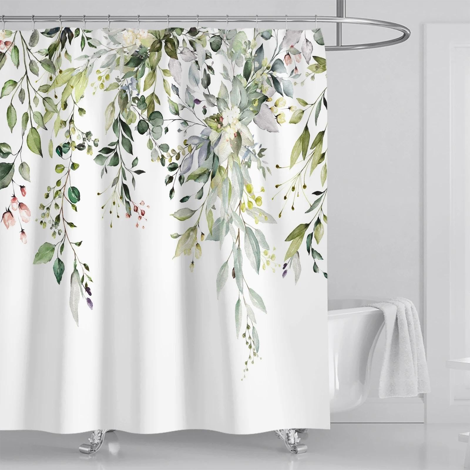 Uiyiui Multicolor-3 Green Eucalyptus Shower Curtain 83X71in（210X180cm） Watercolor Plant Leaves On The Top With Floral Bathroom Decoration Waterproof Fabric Shower Curtain Set With Hooks, Bathtub Home Decor