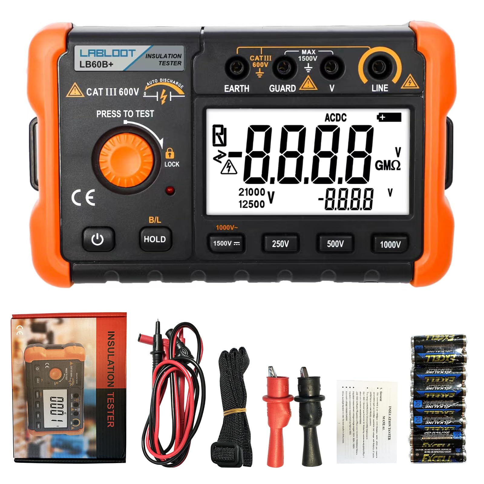LB60B+ Digitaler Isolationswiderstandstester 1000V Test DC AC 2000m Ohm Hochspannungs-Kurzschluss-Eingangsalarm