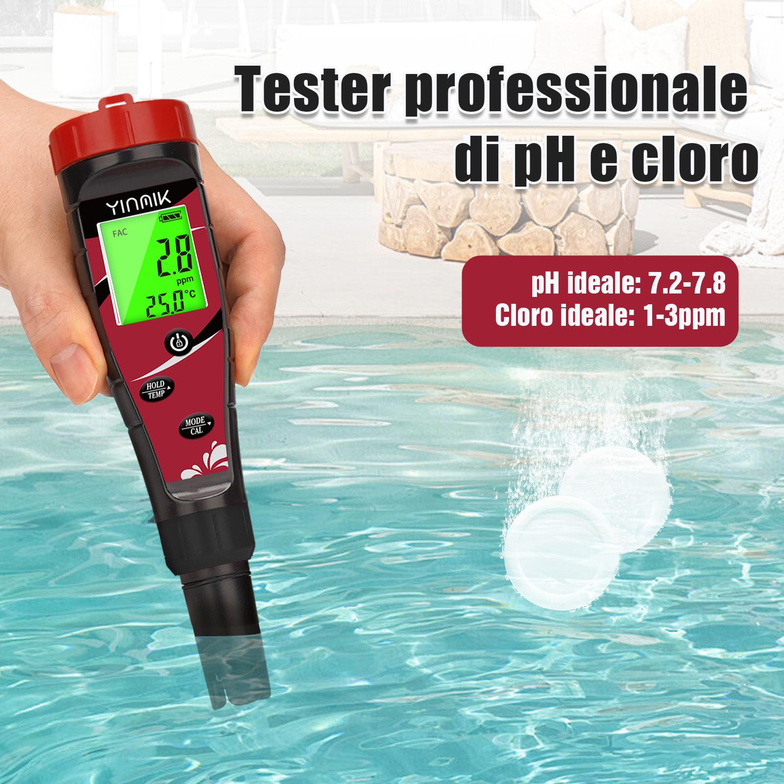 YINMIK Test Piscina pH e Cloro Digitale 7 in 1 Misuratore Salinita Piscina | Kit automatico ph e cloro piscina per piscina, Vasca idromassaggio, Acquario, Idroponica e acqua potabile