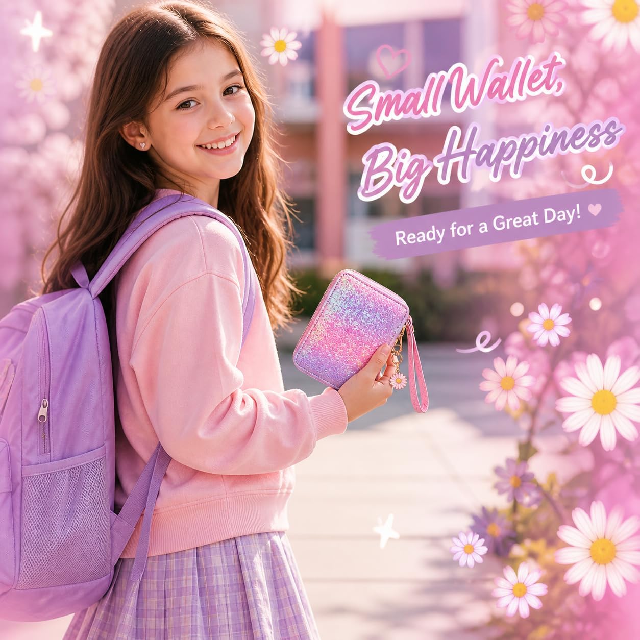 AACKS Flower Wallets with Strap Little Girls Flower Coin Pouch Small Cute Wallet for Teen Girls with Coin Pocket Cherry Fruit Wallet
