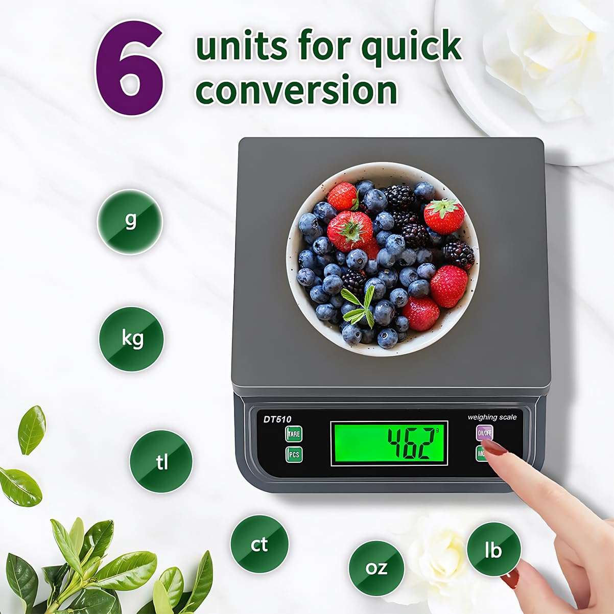 Große digitale Küchenwaage, Lebensmittelwaage zum Backen, Kochen, Brot, Fleisch, Waage mit Tara- und Vorbereitungszählung, LCD-Display mit Adapter, 6 Einheiten (Grau, 30 kg)