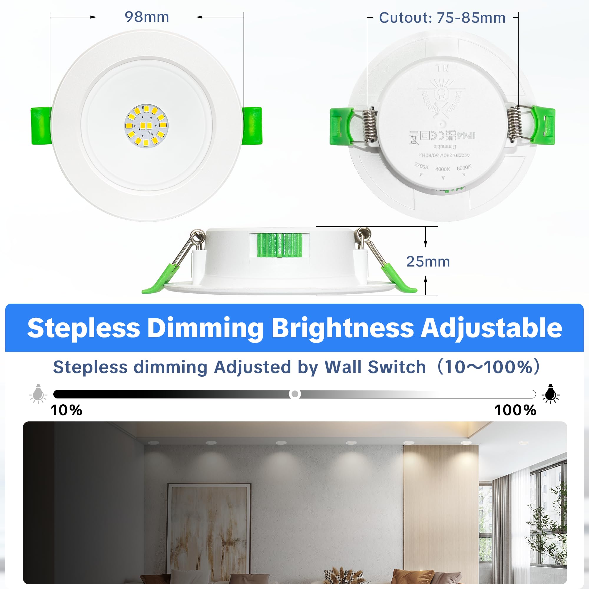 Foco LED Empotrable 230V Regulable Pack de 6, 6W 750lm Ultradelgado 22mm Downlight Techo, 3 CCT de Color 2700K/4000K/6000K, IP44 Resistente al Agua, Ø75–90mm, Baño Cocina Salón, Blanco