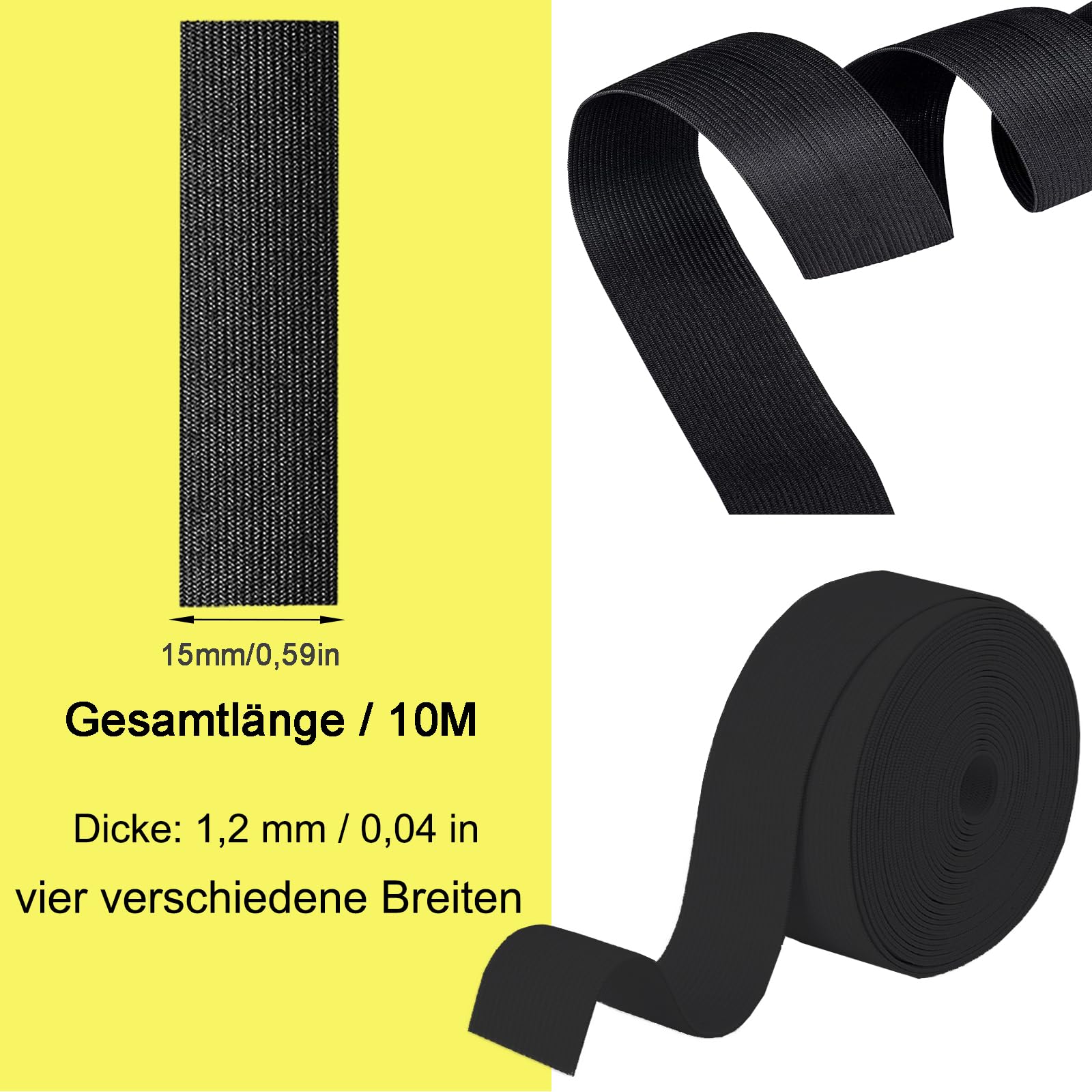 3 cm x 10 m - nero - per pantaloni - cordino elastico - forte