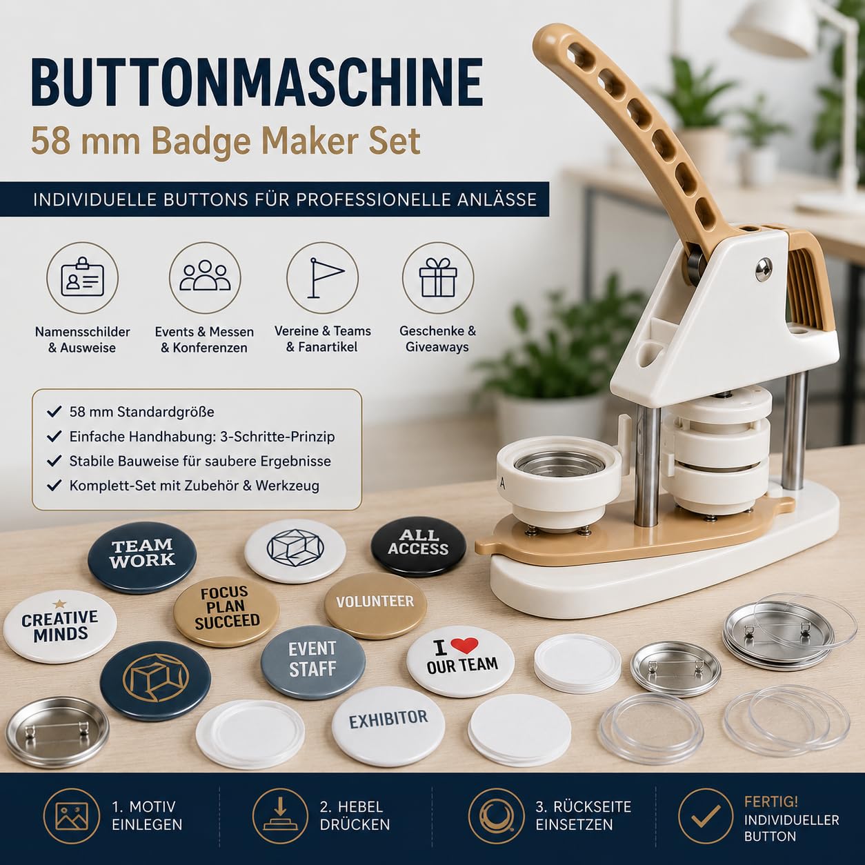 ButtonManufaktur Buttonmaschine 58 mm Set inkl. Material für 100 Buttons & Kreisschneider – Button Maker, Badge Maker und Buttonpresse für Anstecker, Pins, Vereine, Events & Workshops