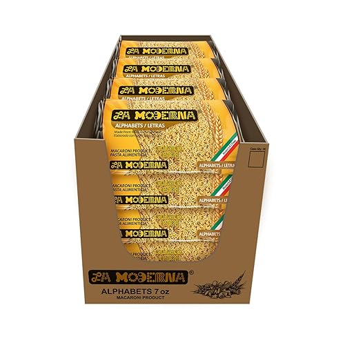 La Moderna Alphabet Pasta, fideos, trigo duro, proteínas, fibra, vitaminas, 7 onzas, paquete de 20