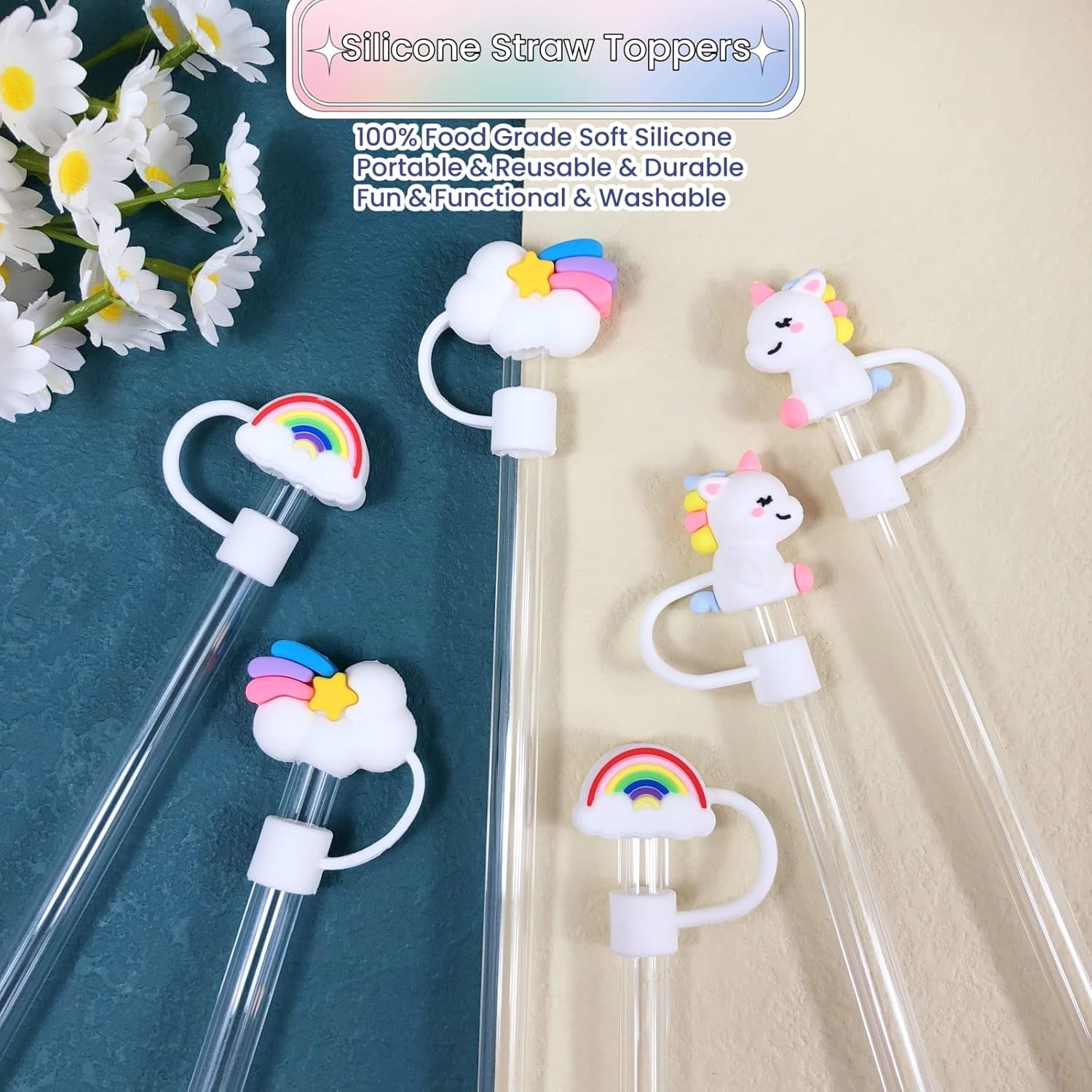 6Pcs 3D Rainbow Cloud Straw Toppers, Soft Silicone Covers, Fit 0.4in/10mm Straw, Compatible with Stanley Cup 30&40 Oz, Dust Leakage Proof Protectors Decorative Accessories (Set A) - Image 3
