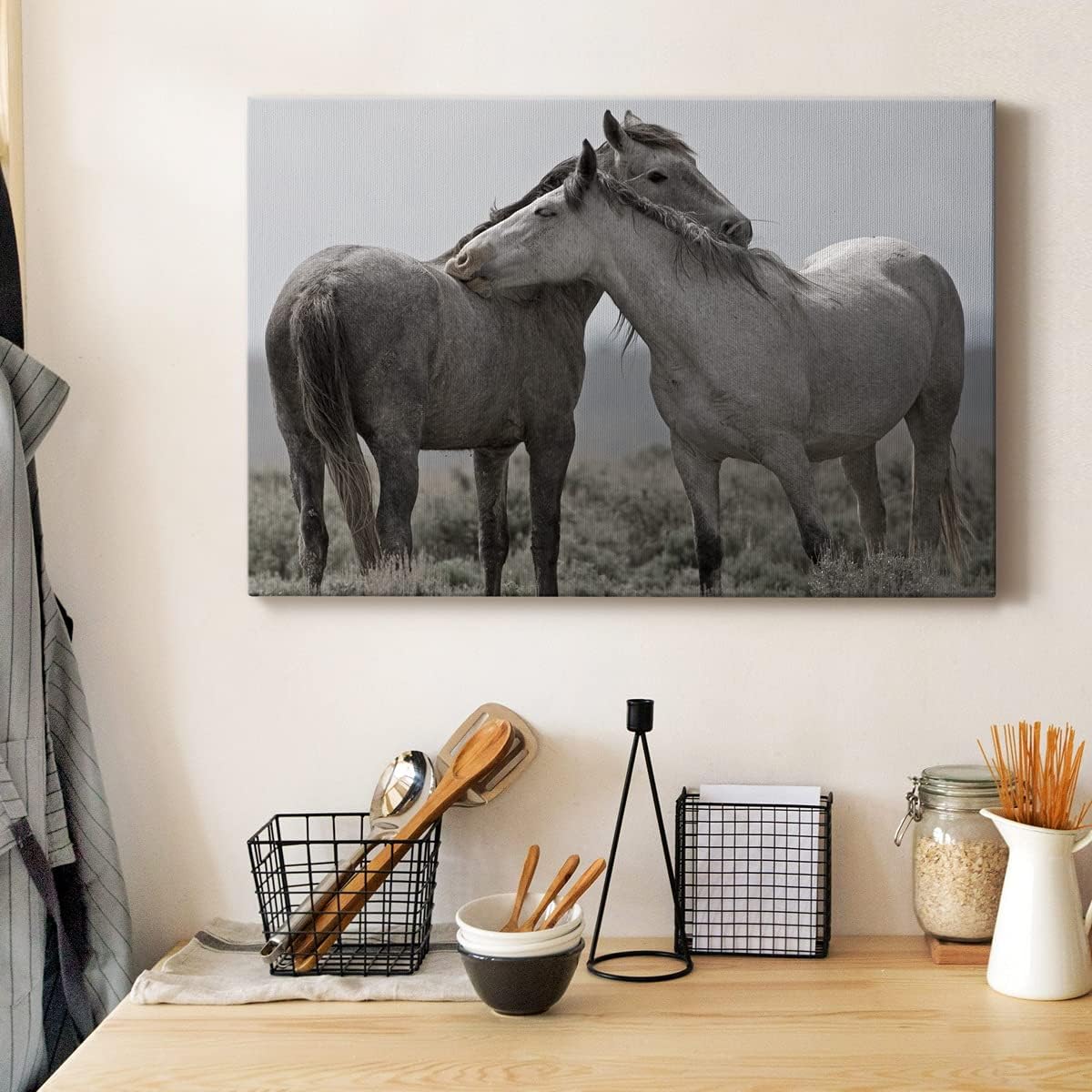 Animal Canvas Wall Art for Living Room Bathroom Bedroom Kitchen, Affection Country Horse Picture Prints House Décor Ready to Hang Modern Home Decoration, 18" H x 27" W
