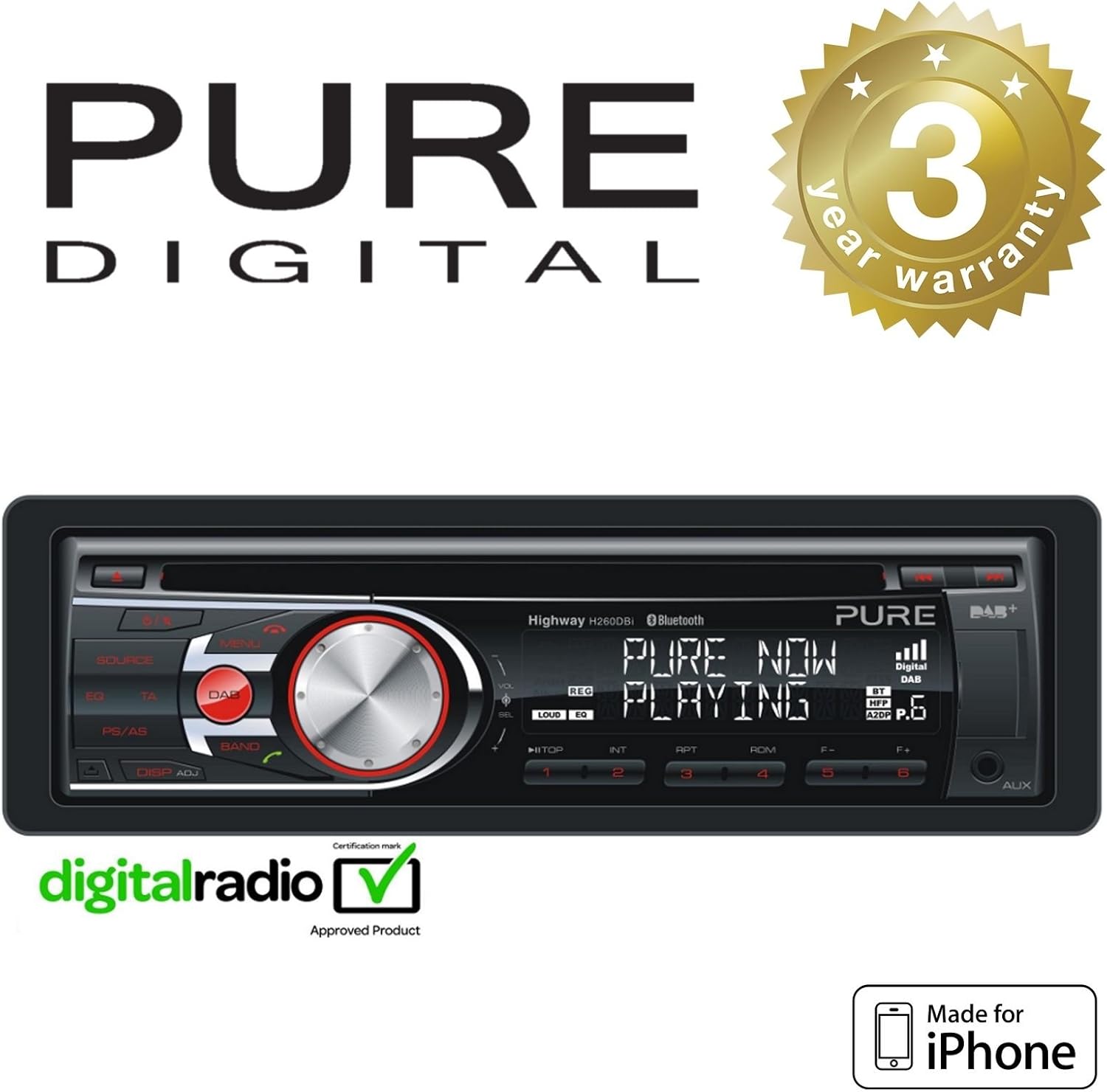 Pure Highway H270SB Car DAB Digital Radio/CD with iPod/iPhone Connection and Bluetooth, Black