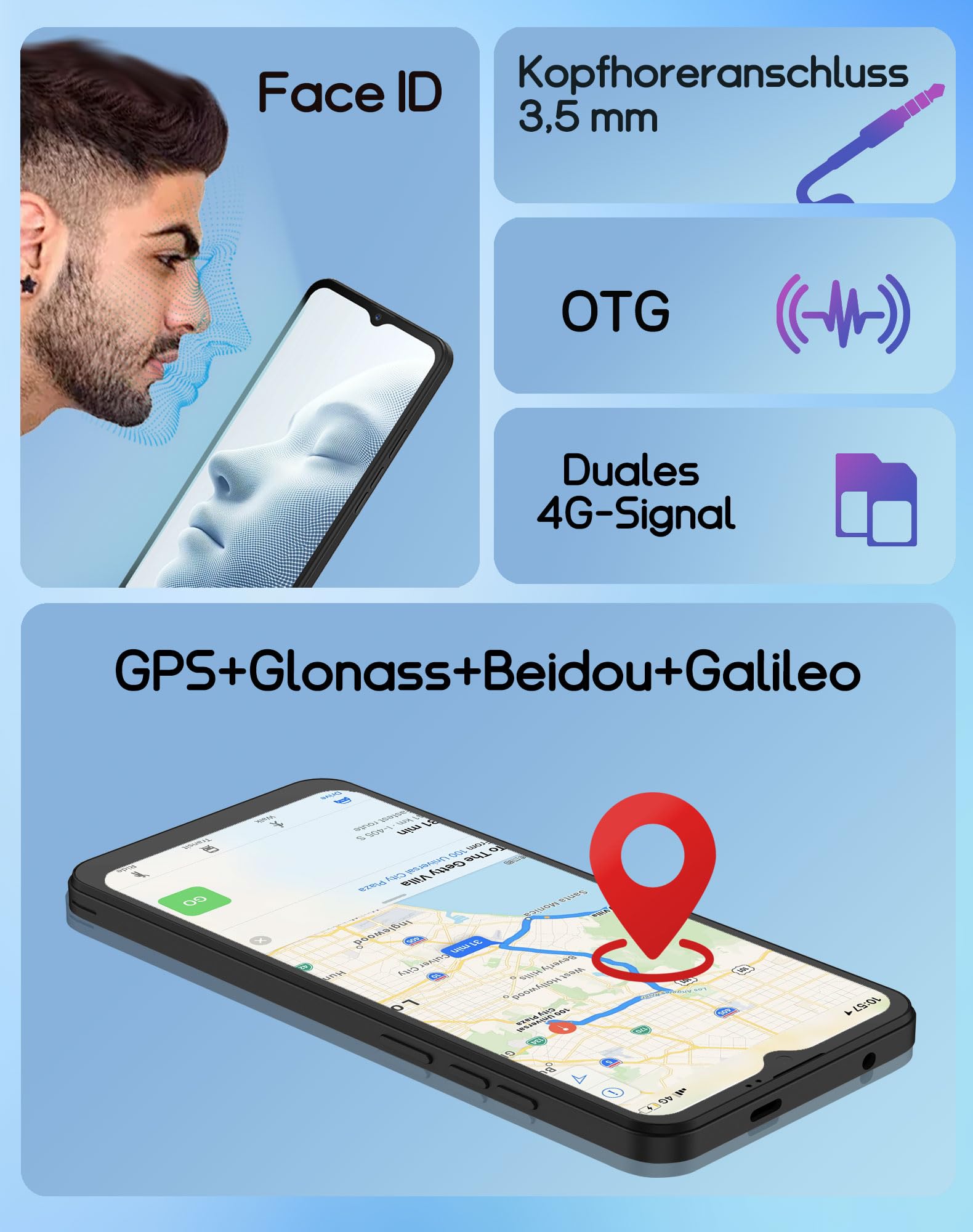 invens Note TK01 Android 4G Smartphone, 6,52" HD+ Display, 4250mAh Akku, 16MP+5MP Kamera, 7(3+4)+32GB/256GB, Octa-Core Face ID, Dual SIM/OTG/GPS/3,5mm Handy ohne Vertrag Günstig, Schwarz