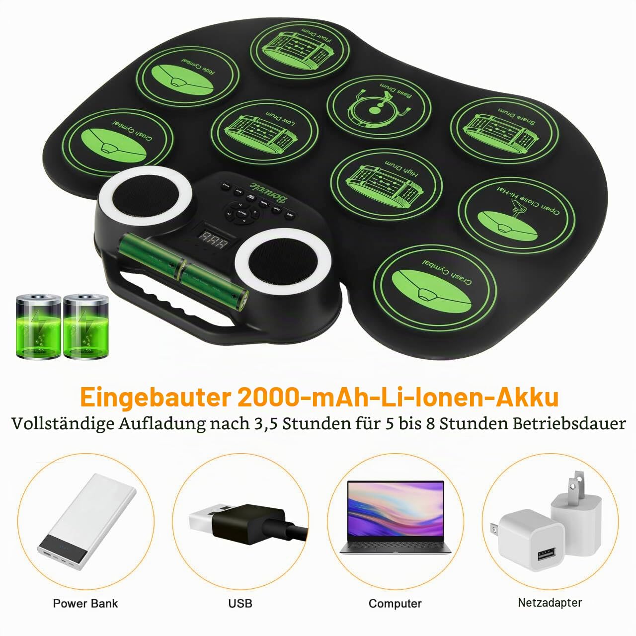 E-Drum Kit, Bonvvie tragbare wiederaufladbare digitale Rollentrommel von mit 9 Pads, MIDI, DTC, eingebauten Lautsprechern, ideal für Kinder, Studenten, Anfänger, Enthusiasten (G6001)